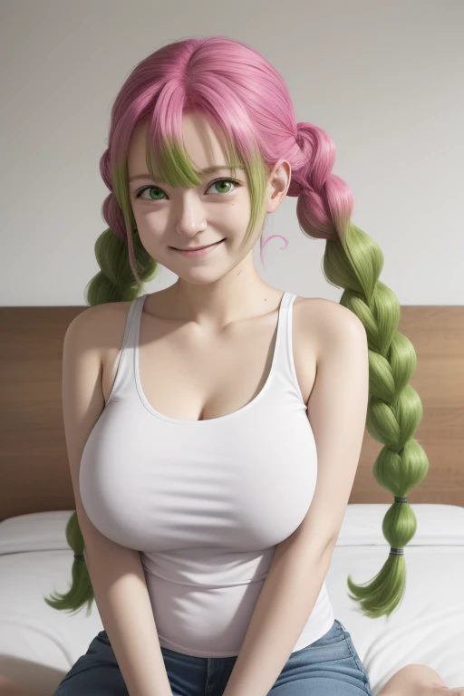 (masterpiece, best quality),  intricate details,
MitsuriKanroji,  kanroji mitsuri, 1girl, solo, long hair, winking, green eyes, pink hair, braid, green hair, twin braids, smile, cute smile, blushed smile, blush, blushing, large breast, huge breasts, bikini top, collarbone, neck, bare shoulders, pink bikini top, cleavage, top angle, shot from above, perfect shot, plain background, white background, photoshoot, complete head in frame, zoomed out, top of head, perfect shot, perfect framing, background 
