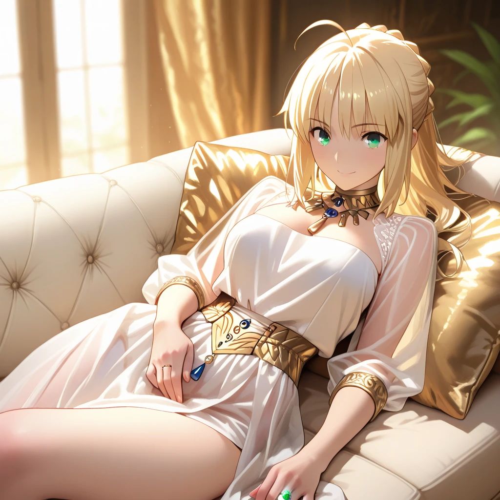 ((top quality)), ((masterpiece)), (details), （perfect face）、Saber, who is blond and green-eyed, smiles gently with outstanding proportions, wears the costume of the gorgeous, glittering, and sexy see-through queen of ancient Mesopotamia, is dressed with luxurious accessories from ancient Mesopotamia, becomes the most beautiful wife of the ancient Mesopotamian hero king Gilgamesh's greatest treasure and is pampered and cuddled cutely on a luxurious sofa, snuggles up and is loved, and wears an engagement ring Are there loving couples、Fete
