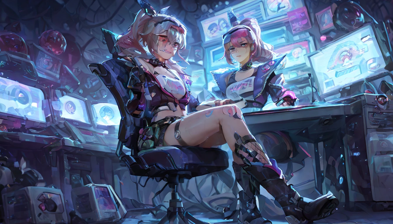 ((best quality)), ((masterpiece)), (detailed), goblin girl, (green skin), purple hair, shortstack, glasses, romantic lighting, legs up on a table, wearing underwear, sitting cross legged in chair, holding a game controller, playing video games, legs elevated, game controller in hand, 2 in the morning, working all night, hot night, night outside, warm, sweaty, working hard, holding an xbox controller