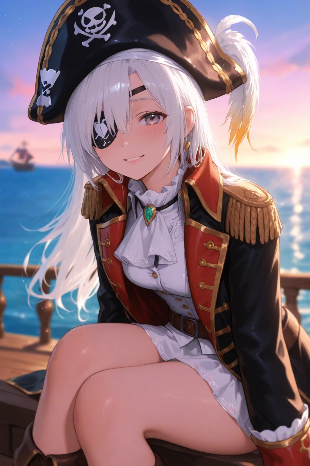 #Basics A girl is posing for a photo, animeのかわいい女の子, (((One Girl, Baby Face, Young girl, 16 years old))),
BREAK
#Clothing Accessories
((Shiny(red on black)pirate costume + Gold decoration, Pirate hat)),
Gold Hoop Earrings, Fancy Necklace, Gold bracelet decorated with blue gemstones,
BREAK
#Features
(Silver Hair:1.4), (Chest-length sideburns), (Very short hair, Pixie Cut Hair),
(Droopy eyes, blue eyes), (Small breasts),
BREAK
#background environment
((noon, Sunshine, Deck of a sailing ship, Ocean with waves, blue sky)),
#Facial Expression Pose
((Evil look, laughing), (Confident and powerful pose with arms crossed)),
#composition
((Face the camera, Angle from below, Cowboy Shot)),
BREAK
#Body parts elements
(Detailed hair, Beautiful Hair, Shiny髪),
(double eyelid, Long eyelashes),
(Expression of fine eyes, Beautiful and delicate eyes, Sparkling eyes, Eye Reflexes, Glitter Eyeliner),
(Human Ear),
(Beautiful Nose, Thin Nose),
(Glossy lips, Beautiful Lips, Thick lips, Shiny唇, Natural Cheeks),
(Detailed face, Symmetrical facial features),
(Detailed skin, Textured skin, Beautiful Skin, Shiny肌
BREAK
#Quality
(((Highest quality)), ((masterpiece)), ((Very detailed))), ((High resolution), (16K,1080P)),
(Realistic), (Anatomically correct),
((comics, anime)), (3DCG), CG illustration,