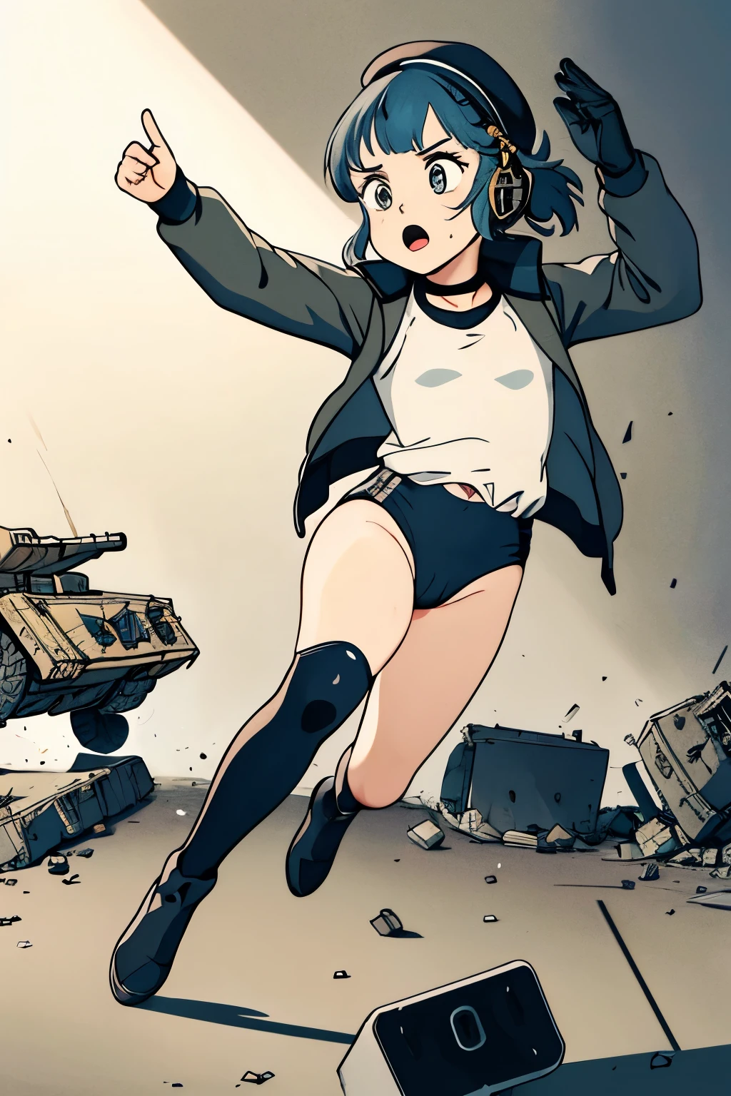 masterpiece , best quality, highres ,1girl,black long hair ,Angry face , beret, blue eyes, black gymnastics bloomers,high leg,self wedgie , flat chest , sleeveless,Victorian blouse, gloves, ultra detailed , Standing, (masterpiece, best quality, anime style, realistic military theme, tactical movement), girl in modified modern military uniform, tactical jacket and black gymnastics bloomers,high leg ,self wedgie,with armor pads, equipped with assault rifle held at the ready, moving alongside a modern main battle tank, dust and debris in the air, crouched or low-running posture, alert expression, helmet with headset and goggles, utility belt and combat boots, battlefield background with smoke, destroyed buildings, spent shells, cinematic lighting and war atmosphere
wearing a black gymnastics bloomers,high leg ,self wedgie