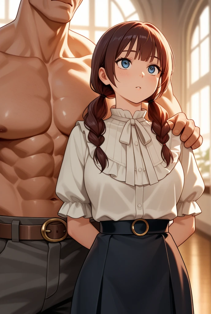 nsfw,hyperrealistic anime,adult curvy gyaru,tanned gyaru,young casual man holding woman in arms from behind,standing,man grabbing her breasts,dark brown hair,earring,plain blouse,patterned short skirt,man groping woman,happy and troubled