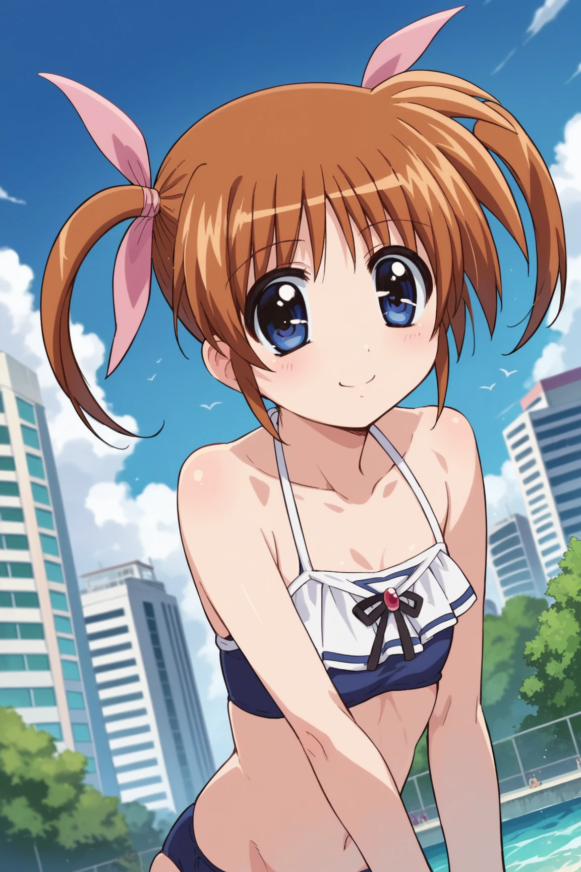 1girl, shirai kuroko, toaru majutsu no index ,micro bikini, purple bikini, one breast out, nsfw, anime, official art, beach, smile, nose blush, shy laugh,