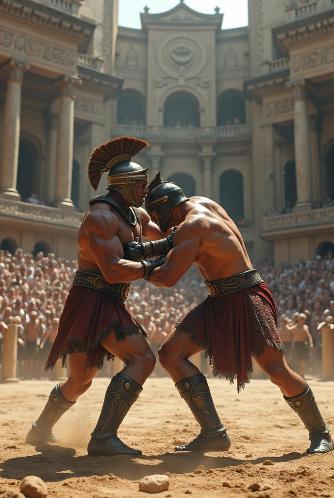 Intense gladiator duel, set in ancient Rome, historical, perfect composition, RAW photo, Ultra High Quality, Ultra High Resolution, Surreal, Ultra Precision, Color Correct, Good Lighting Settings, Harmonious Composition, Very Low Noise, Sharp Edges, Award-winning work, graffiti and street art, highly detailed figures, greg rutkowski, loish, rhads, beeple, makoto shinkai and lois van baarle, ilya kuvshinov, rossdraws, tom bagshaw, detail, glowwave, bold lithographic, dotted, iconic, quietly morbid, 32k cell shading, directed by Ridley Scott (black hawk down,gladiator)