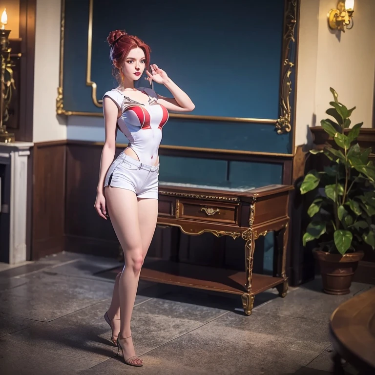 ((ultra realistic illustration:1.2)), Tall, slender ((redhead)) woman of Irish descent. (pale:1.3)complexion. blue eyes, cute butt, nice legs. Kind eyes, cute smile, Mascara, eye shadow, blush, stylish party dress, necklace, stiletto heels. Masterpiece, best quality,(highly detailed:1.2),(detailed face and eyes:1.2), 8k wallpaper, natural lighting. core shadows, high contrast, bokeh.