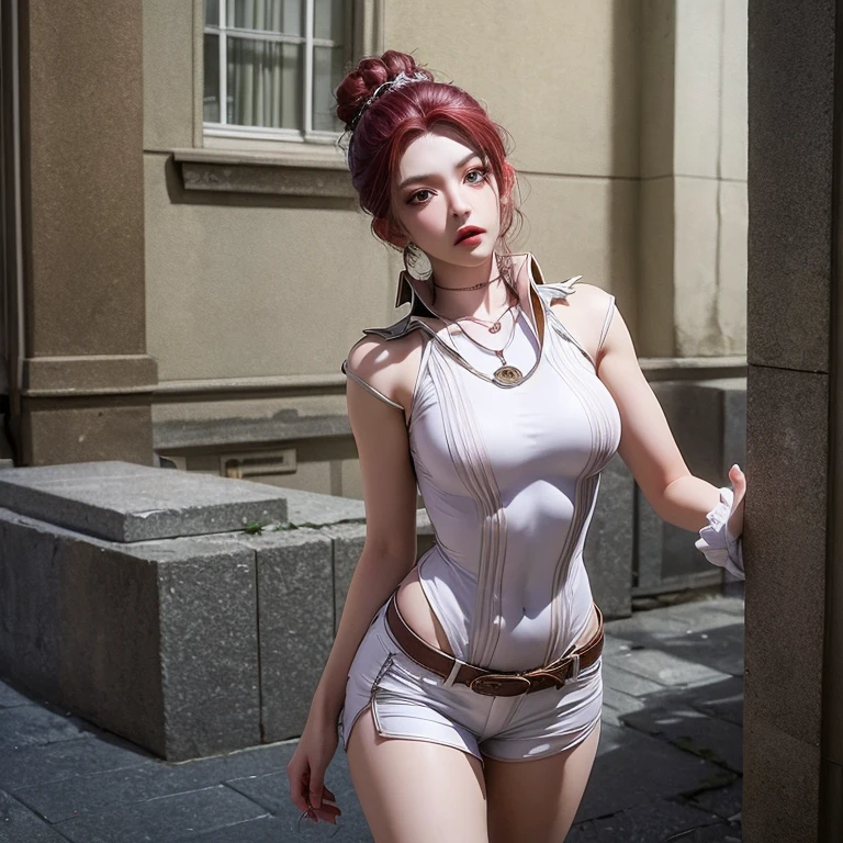1 girl, sole female,young girl, very young girl, realistic anime girl, smiling, white hairs, ((double hair buns)), cutout dress,red, ((pubic hair)), standing,full body, red boots 