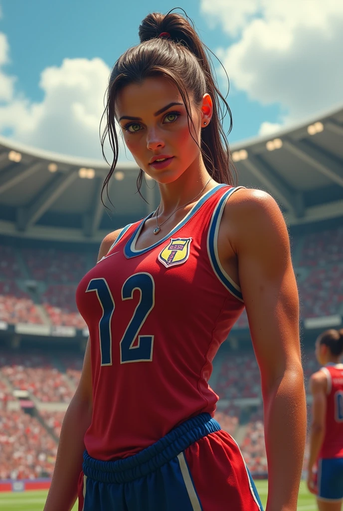 female football player, mulher negra, cabelos escuros longos