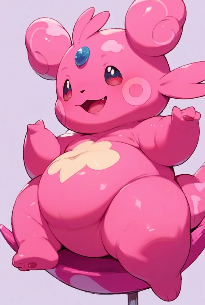low-angle view, three-quarter view, solo, feral, quadruped, espeon, (morbidly obese:1.1), immobile, big belly, fat rolls, neck rolls, chubby cheeks, belly rolls, floating, midair, on back, pink fur, simple background, BREAK by stylusknight, by panken, (by squishy \(artist\):0.6)