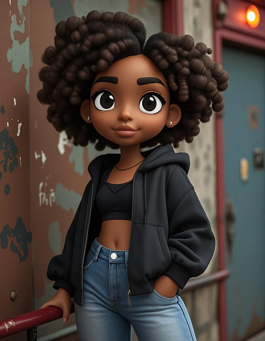(obra-prima), (melhor qualidade), (ultra-detalhado), (corpo inteiro: 1.2) loli menina negra, street urban, pants and mini blouse, sorriso claro, corpo inteiro, :3, cabelo multicolor, curto, preso, pavor, moderno, Modern accessories, fundo tom pastel , colorido e simples.