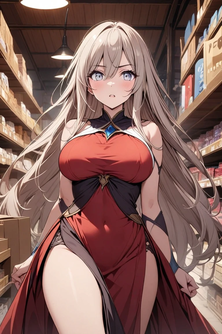 (Best quality, A high resolution, Textured skin, High quality, High details, High details,Extremely detailed CG unity), (female) Enchanted,having fun,Being in love,merchant in fantasy world, grey hair, red eyes, long hair, hair decoration, wearing hood, wearing suit jacket, mini skirt, exquisite costumeature, adult body, large breasts, solo person,fancy dress, Dazzle, woman, beautiful, (in marketplace), (in bazaar), detailed scene, luxurious marketplace, customers