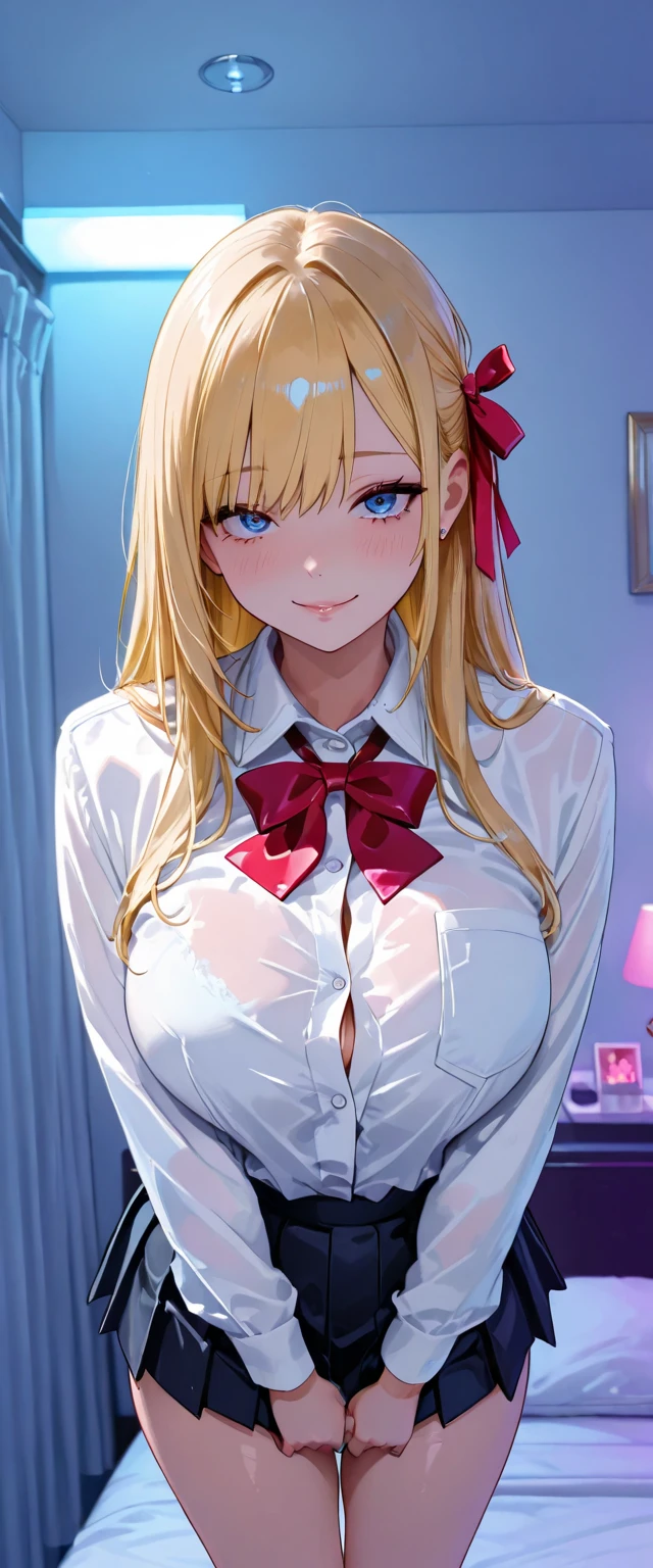 Highest quality:1.2, Anime works, Very detailed, High detail, digital coloring, High Contrast, masterpiece:1.2, Highest quality, Best aesthetics), (((Kitagawa Marine, 1 Girl))), Blonde, Straight Long Hair, Pink gradient hair, Red eyes, Earrings, White shirt, Black Choker, Blue tie, Check skirt, Grin, smile, The pose is random、 Angle from behind、 Cute room、Girly room、Room with bright lighting、White Wallpaper、Stuffed toys near the pillow、ベットの上でOn all fours、Huge breasts、See-through 、Thin fabric shirt、The color of underwear is random、Assを突き出す、On all fours、Ass、On all fours、Back view