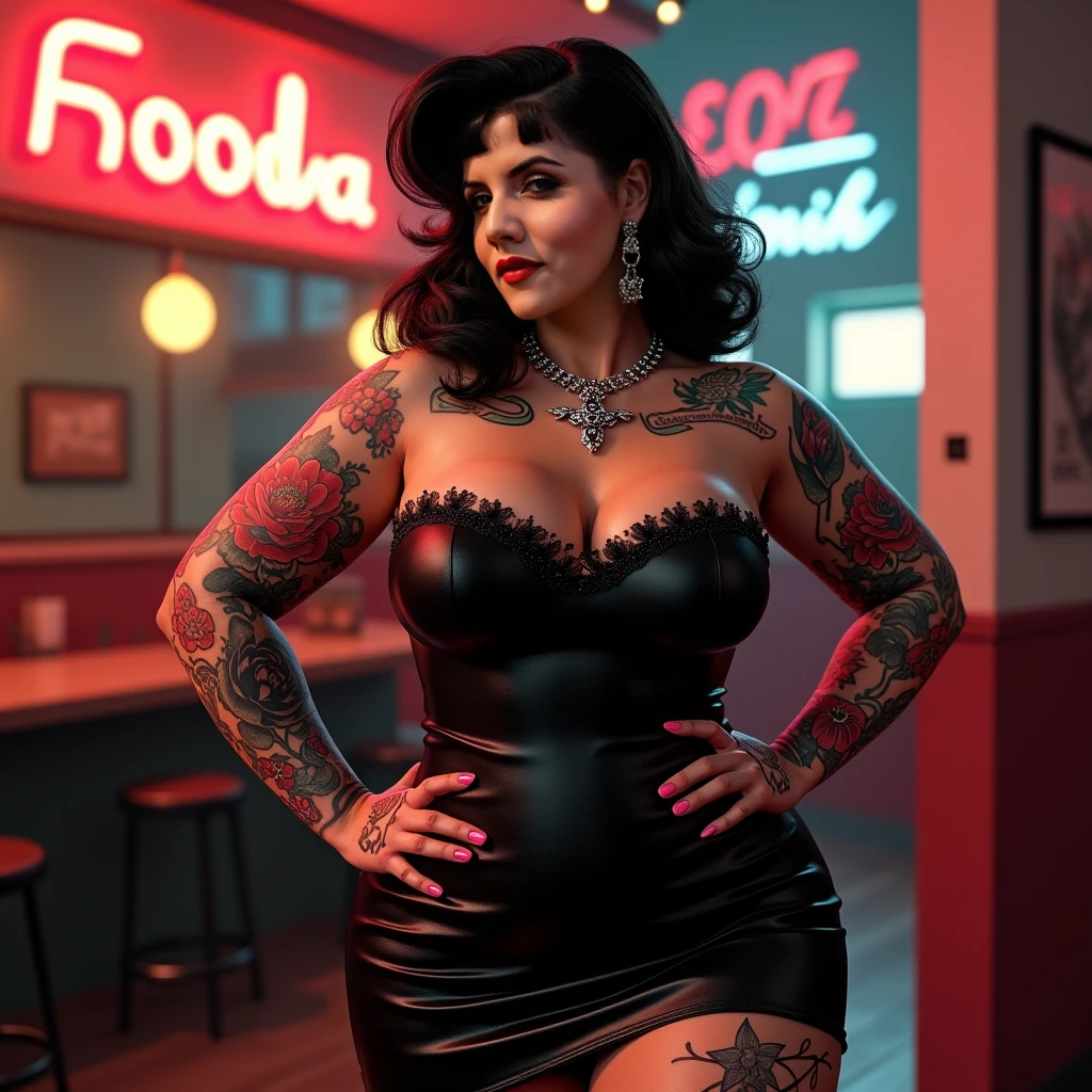 A sexy caucasian woman in a gothabilly style, highly detailed traditional neo-style tattoos, plump red lips,very sexy black dress, full body shot, retro bar setting with a decor full of skulls, 50's style, (best quality,4k,8k,highres,masterpiece:1.2),ultra-detailed,(realistic,photorealistic,photo-realistic:1.37),cinematic lighting,dramatic moody lighting,rich saturated colors,intricate ornate details
