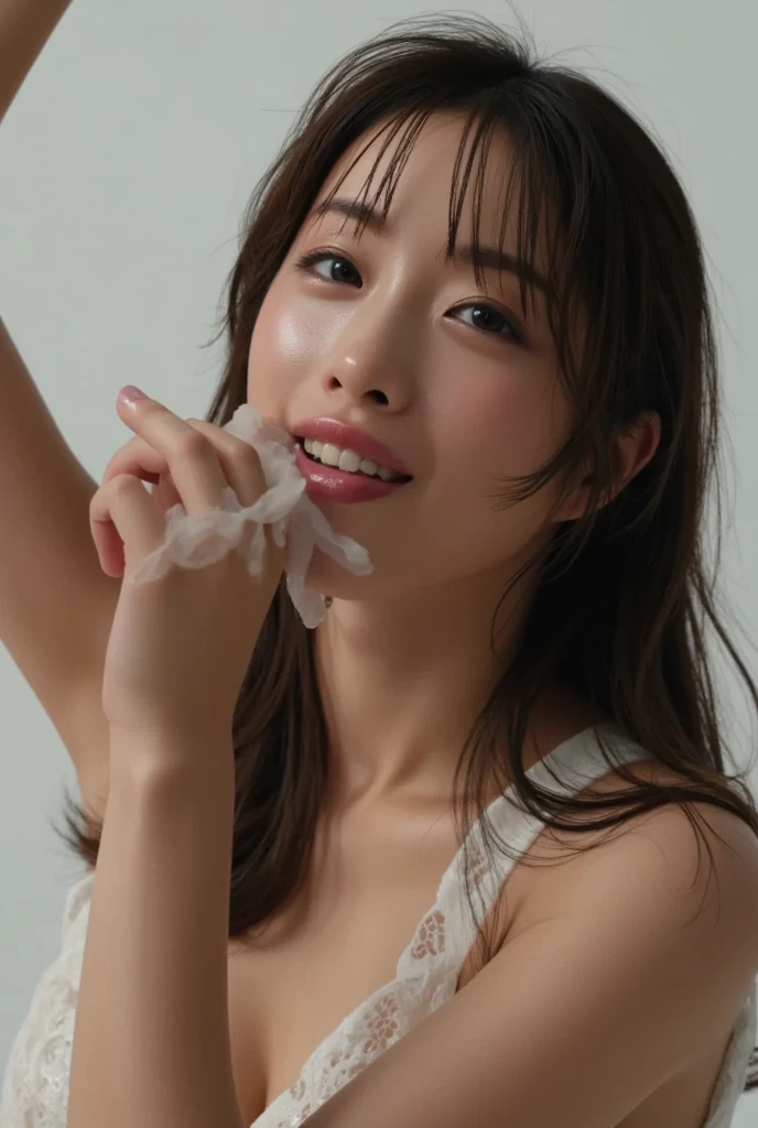 (A hyper-realistic), (illustratio), (hight resolution), (8K), (ighly detailed), (The best illustrations), (beatiful detailed eyes), (top-quality), (ultra-detailliert), (​masterpiece), (wall-paper), (详细的脸), a bed、Upper body close-up,Armpit, A smile,Plump,独奏,Girl in white tank top with open chest, full of sweat, japanes, large full breasts, (camel's toe)、huge-breasted、Detailed, well-groomed white teeth、Ultimate Beauty、shot on the Canon EOS R 6、full of sweat、(beautiful detailed teeth)、Silver necklace、Park with sunshine、Perfect and beautiful female hands、Perfect tooth alignment、Perfect fingers、