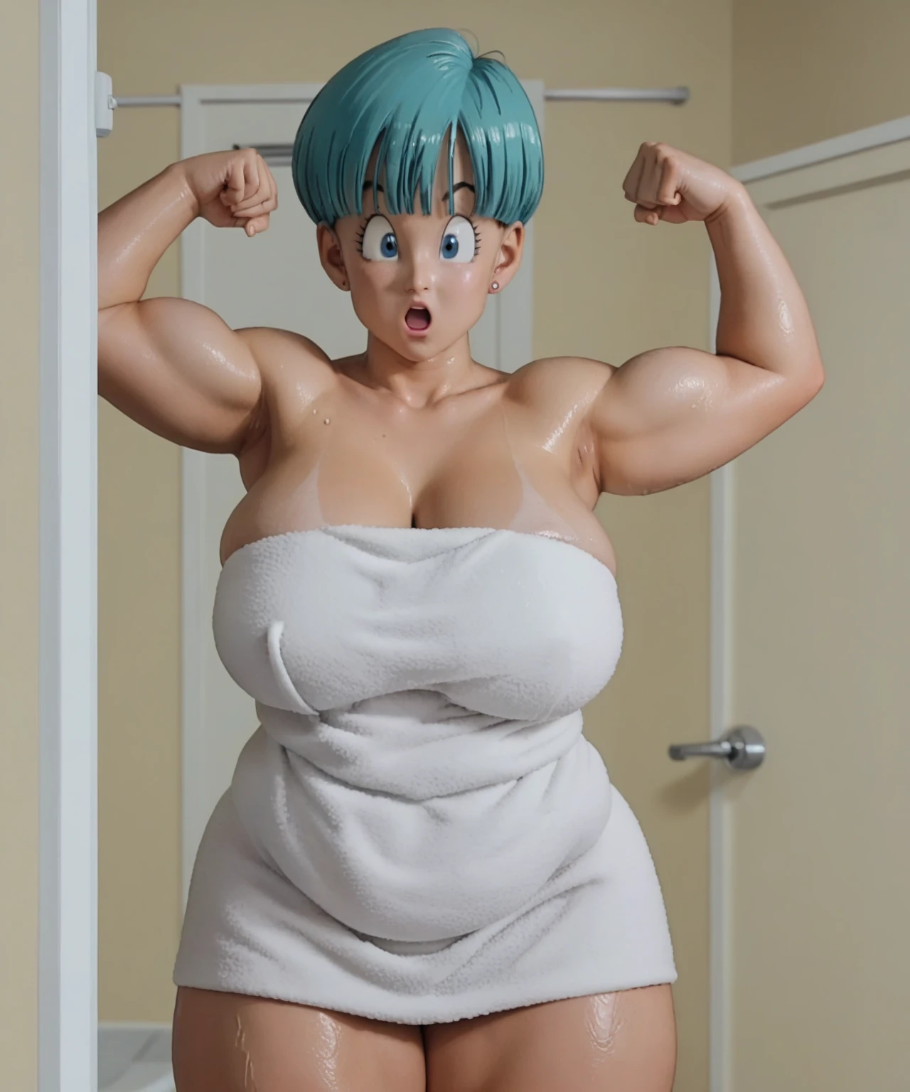 8K, Ultra HD, super detalhes, alta qualidade, high resolution. Bulma fica linda em uma foto de corpo inteiro, your body is sculptural, her long blue hair shines in perfect combination with her white skin, seus olhos azuis brilhantes hipnotizam a todos. she is very sexy, drawing attention to her large breasts and thick legs.