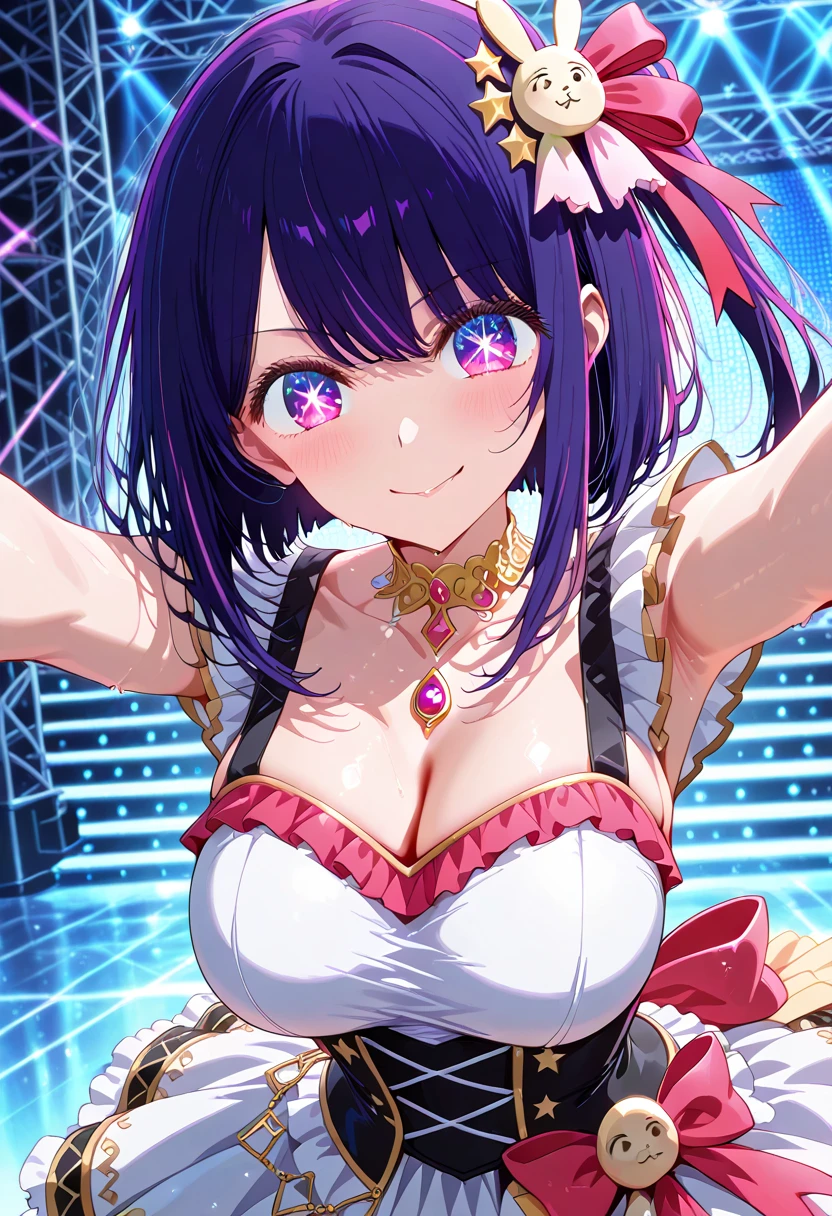 todoshizuko, purple hair, ponytail, hair ribbon, long hair, blue eyes, makeup, 14years old, large breasts,, Live Stage, solo nipple