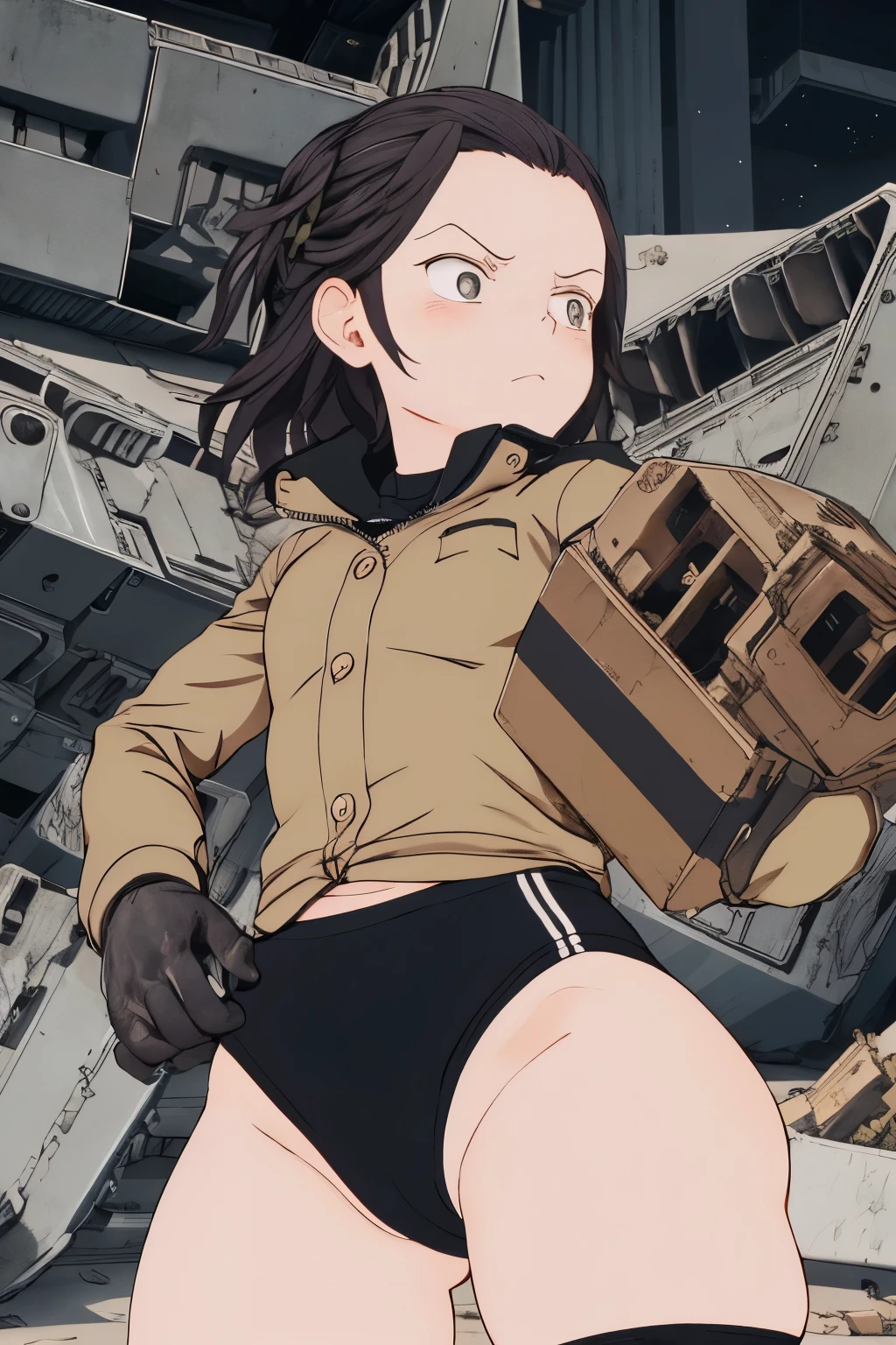 masterpiece , best quality, highres ,1girl,black long hair ,Angry face , beret, blue eyes, black gymnastics bloomers,high leg,self wedgie , flat chest , sleeveless,Victorian blouse, gloves, ultra detailed , Standing, (masterpiece, best quality, anime style, realistic military theme, tactical movement), girl in modified modern military uniform, tactical jacket and black gymnastics bloomers,high leg ,self wedgie,with armor pads, equipped with assault rifle held at the ready, moving alongside a modern main battle tank, dust and debris in the air, crouched or low-running posture, alert expression, helmet with headset and goggles, utility belt and combat boots, battlefield background with smoke, destroyed buildings, spent shells, cinematic lighting and war atmosphere
wearing a black gymnastics bloomers,high leg ,self wedgie