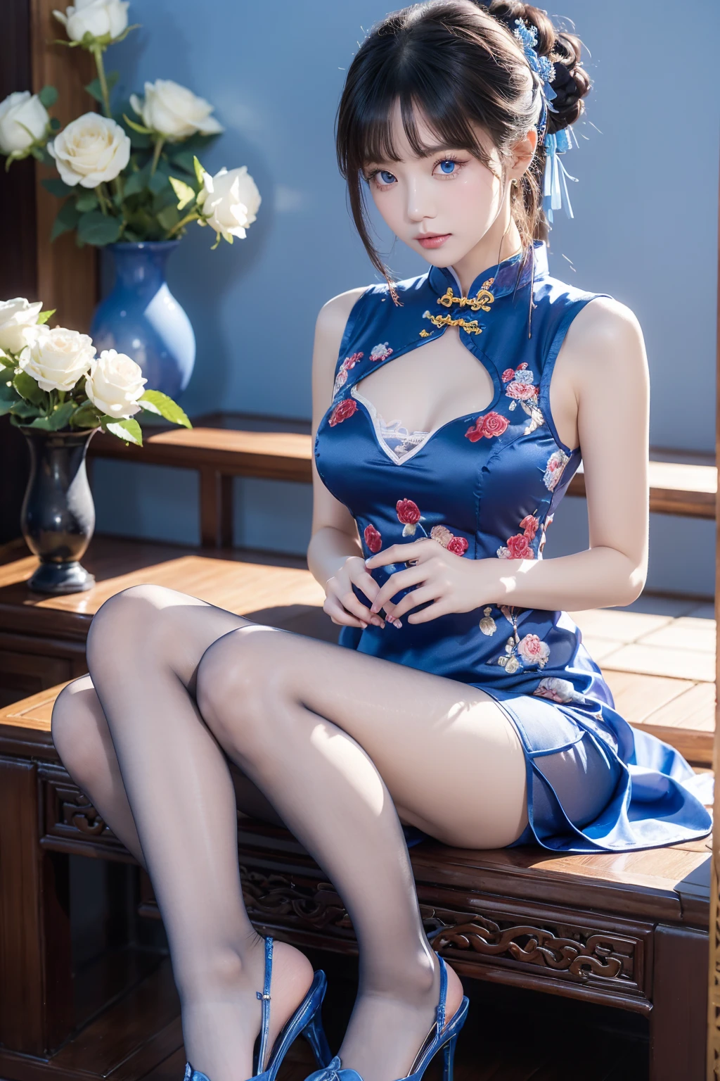 masterpiece, Highest, 1 female, blue clothes, blue cheongsam dress, full body photo, ancient chinese style, white cloth panpan, black hair, shoulder, big breasts, thin legs, smile, white pantyhose, panty lace side, white underwear, pale pink lips, Embroidered dresses