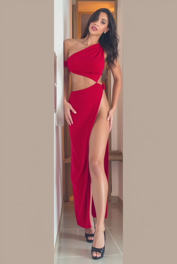 A skinny thin girl with beauti full delicate face red lips with thin skinny arms, thin skinny long legs and thin waist with big breasts dressed as apsara ,very deep neck v shape boho dress standing a seductive pose with seductive expression