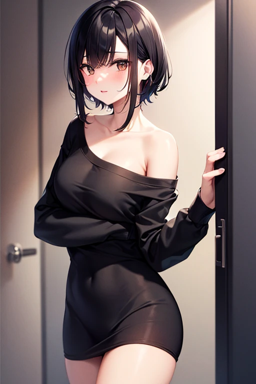 (((One girl))), ((beach)), noon, Balck hair, long, breasts, from front, (cowboy shot), standard body, (looking at viewer), ((black sweater)), ((off-shoulder knit sweater, Quite thick shoulder straps)), {{long juliet_sleeves}}, teenager, head tilt:1.3, (((black eye))), ((happy smile)), anime style, (best quality, 4k, 8k, highres, masterpiece:1.2, ultra-detailed, ultra-detailed eyes, HDR, UHD, studio lighting, ultra-fine painting, sharp focus, physically-based rendering, extreme detail description, professional, vivid colors, bokeh), ((Highest quality, Best image quality, Ultra-high resolution, Ultra-high resolution, solo, Strong eye highlights)), Depth of written boundary, Natural soft light, attractive, Beautiful Face, Cleanliness, Pure Face, nedium chest, Beautiful Face, Perfect Fingers, Perfect hands, Perfect body, Perfect Face, Shine a light into your eyes, Perfect Anatomy