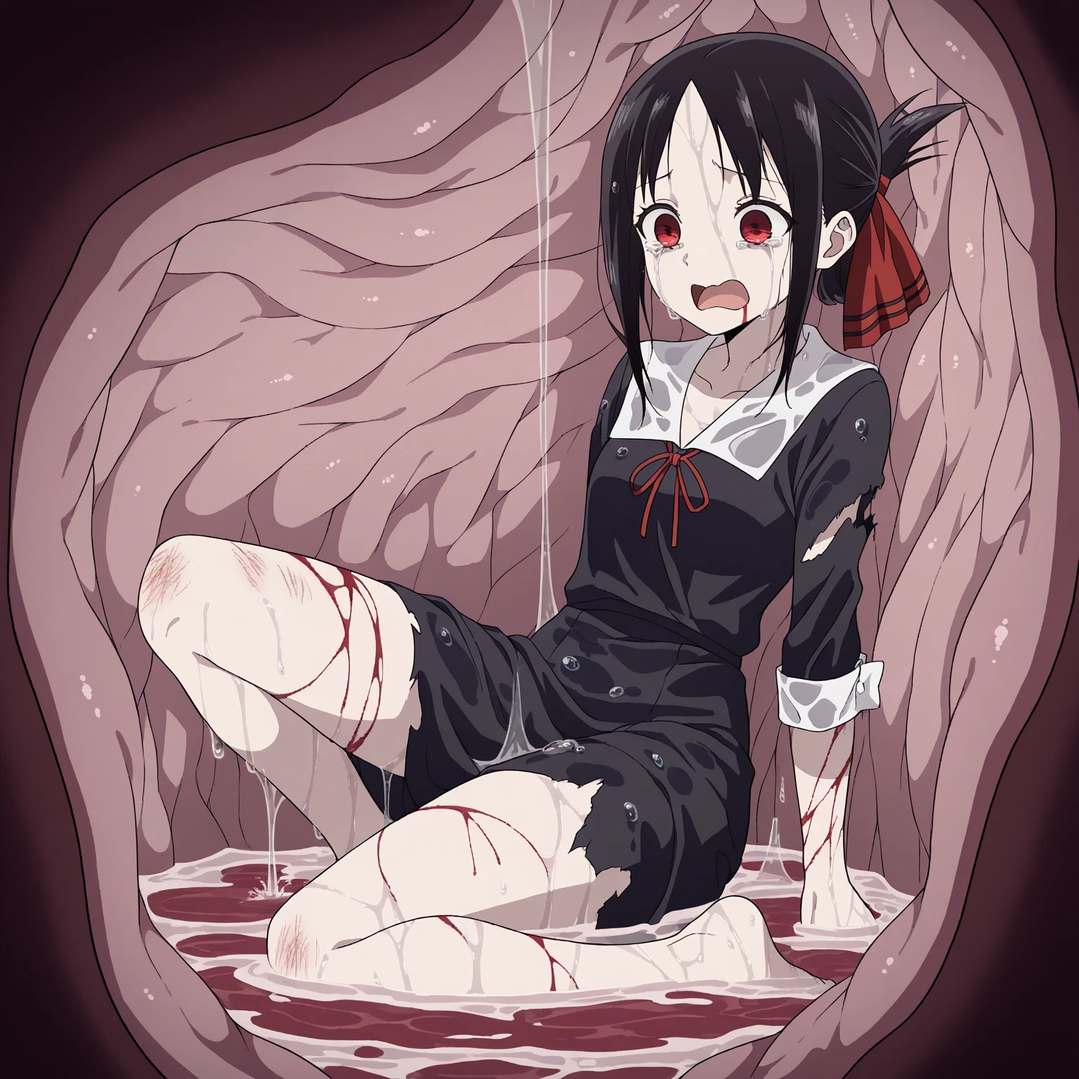 Yandere going，Blood-colored pupils without protruding pupils，covered in blood，barefoot，There is blood on the mouth，Blood splattered on the spot，a girl