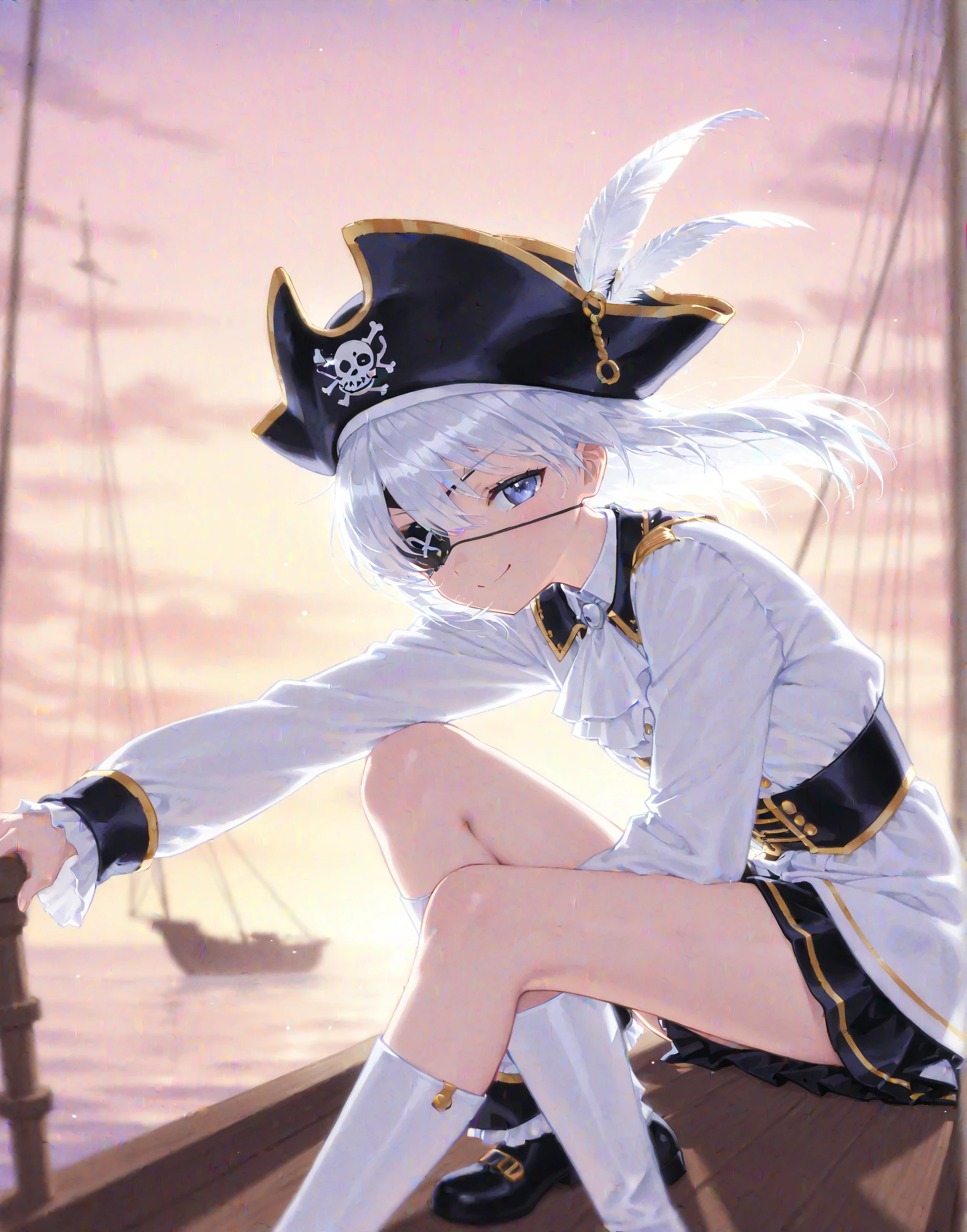 , right pirate eye patch, short white hair, cute, blue eyes, in a bikini, a coat, sitting looking at the sky, cute, on the beach, middle chest, bikini, naked_top