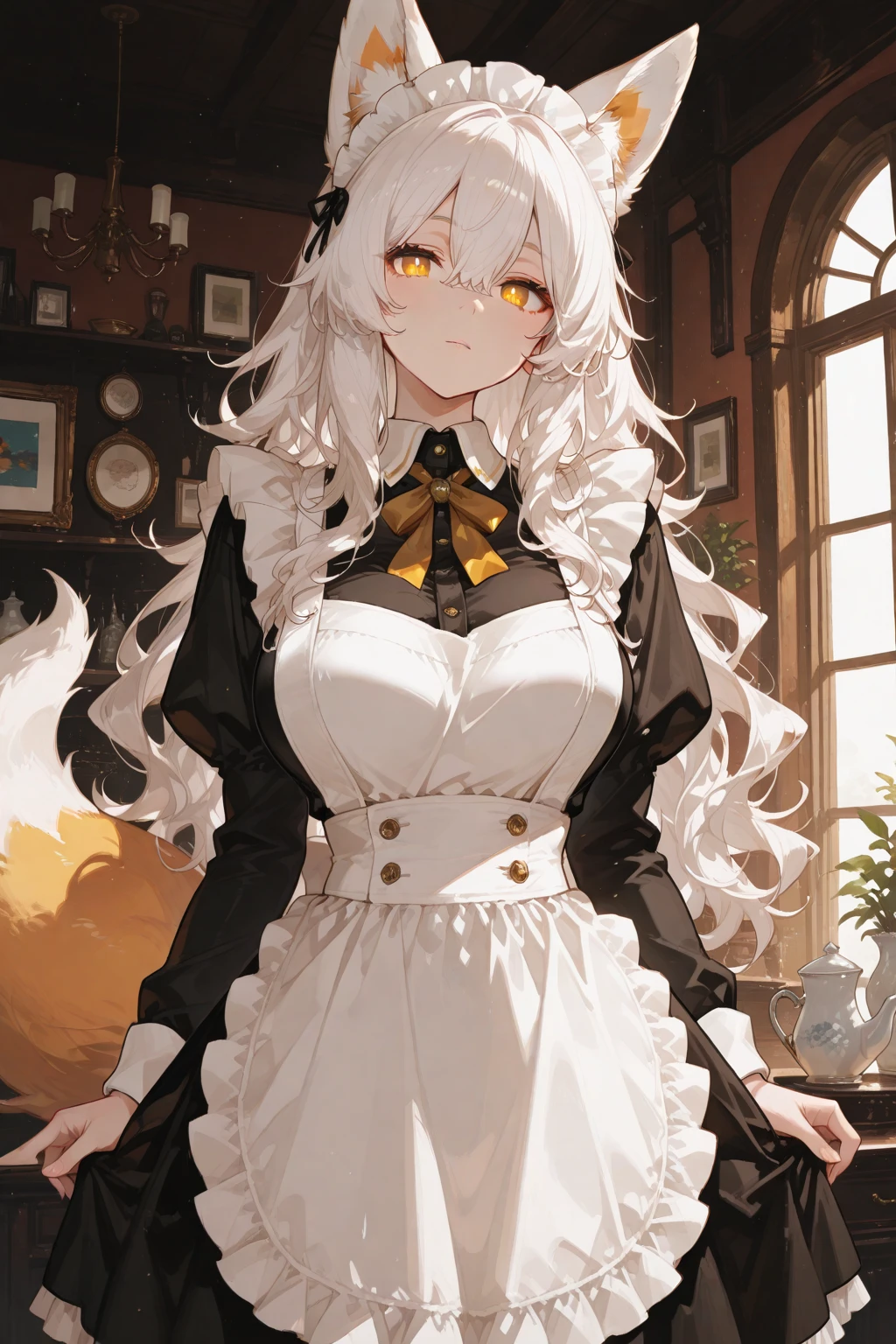 A young white haired woman with copper eyes and an hourglass figure with white fox ears and a white fox tail in a Lolita maid uniform is brewing tea in a fancy kitchen with a big smile