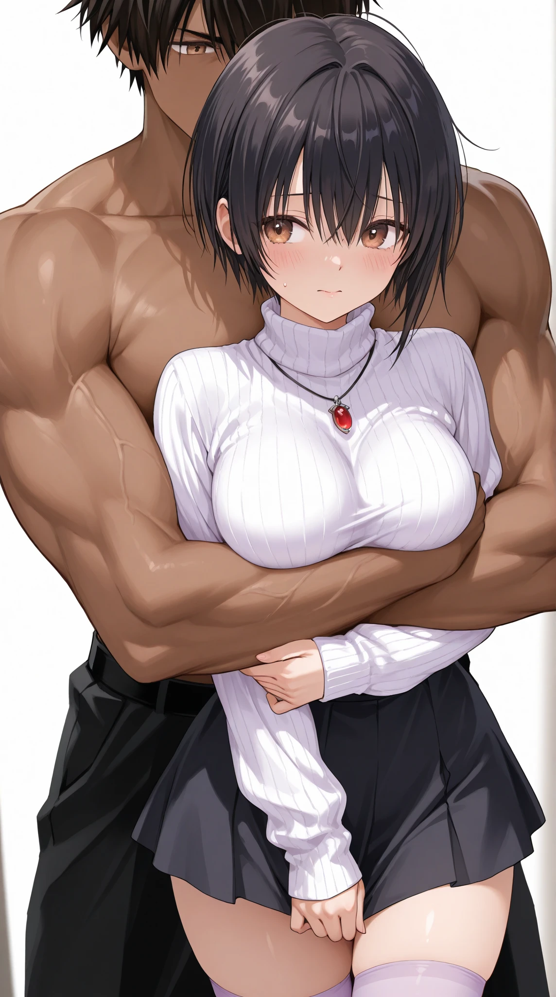 NSFW nude photos anime drawings with vivid colors full body figures tall women:1.9 Muscular man feels pleasure as his chest is massaged:1.9 Completely naked, sweat, , buttocks, troubled face, glaring, wrinkled brows, flushed cheeks, night:1.3 Apartment bedroom, white sheets, short black hair, ponytail:1.9 Straight hair, bangs swept to the side:1.9. Slanted eyes, brown eyes, tall, big breasts, strong-willed, beautiful