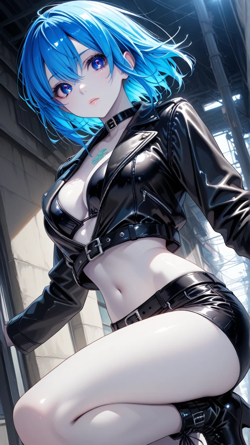 (((Only 1 woman))), ((high frontal shot)), masterpiece, 8k, high quality, ultra detailed, anime style, CG Unity, beautiful anime woman, ((30 years old, rockstar)), (((pale skin: 1.3))), wearing sexy (((leather outfit, miniskirt))), (((cleavage: 1.3))), (((green and pink hair))), blue eyes, ((perfect body)), (((breasts:1, waist:1.1, hips:0.9, toned legs:1))), looking directly to camera, sexy gaze, sexy smile, ((lucious lips)), (((sexy pose))), it is an (((artificial lighted scene))) in a rock stage club