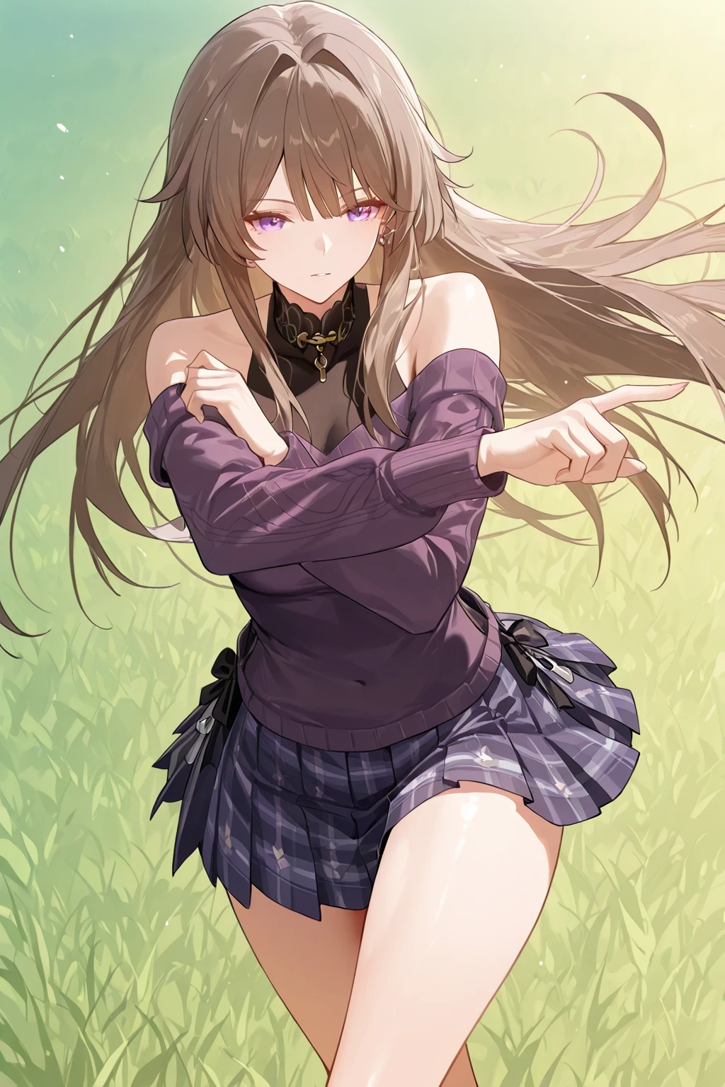 score_9, score_8_up, score_7_up, masterpiece, best quality, very aesthetic, absurdres, tunning image, attractive image, 1girl, solo, adult grown woman, the herta \(honkai: star rail\), long hair, brown hair, purple eyes, masterpiece,best quality,amazing quality, ero404, wuthering waves style, 5 fingers, dynamic pose, elegant pose, alternate costume, purple sweater, pleated skirt, turtleneck, plaid skirt, off shoulder, bare shoulders
