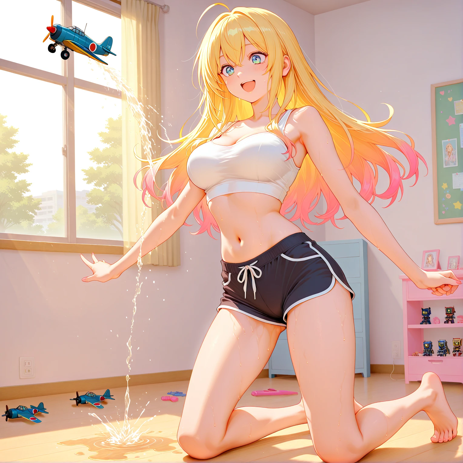 (masterpiece:1.5), (top-quality:1.5), (16k wallpaper:1.2), (Photo realistic:1.2), (ultra-detail art:1.2), (high resolution:1.2), (Highly detailed and realistic skin:1.2), (she spreads her slender legs, Having vaginal sex:1.5), (On the mat in the school gym), asuna, blue eyes, long hair, halo, hair over one eye, 18-year-old cheerleader, Very detailed and beautiful sharp eyes, Powerful and beautiful eyeshadow, (Slender woman with body shape:1.2), Natural Color Lip, (long blonde high ponytail covering one eye), (white sleeveless cheerleading shirt:1.2), (Ahe-face:1.3), (Overflowing sperm:1.2), (teal cheerleading miniskirt:1.2), (cum in pussy:1.5)、