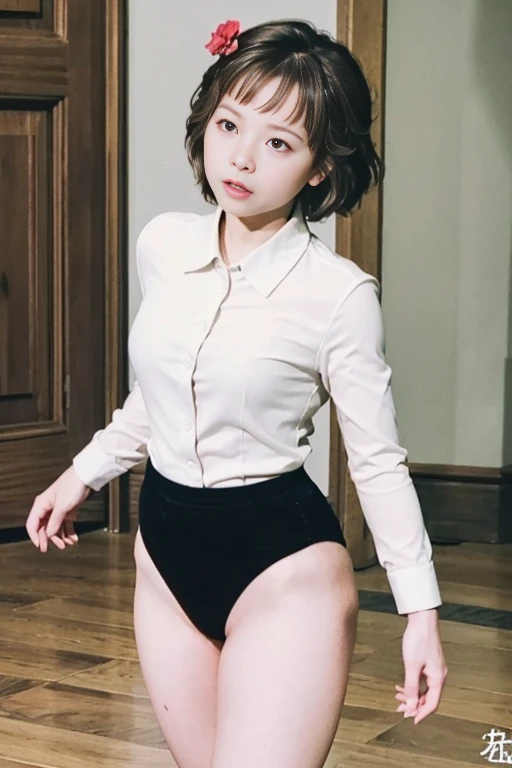 ((Best of the highest quality, 8k, Masterpiece: 1.3, raw photo)), Sharp focus: 1.2, (1 AESPA, slim body type, female, 21 y/o: 1.2), (Solo: 1.22), (realistic, photo-realistic:1.37), face focus, cute face, finely eyes, (small breasts, short messy hair, updo: 1.2), (business shirt, panties, standing office: 1.4)