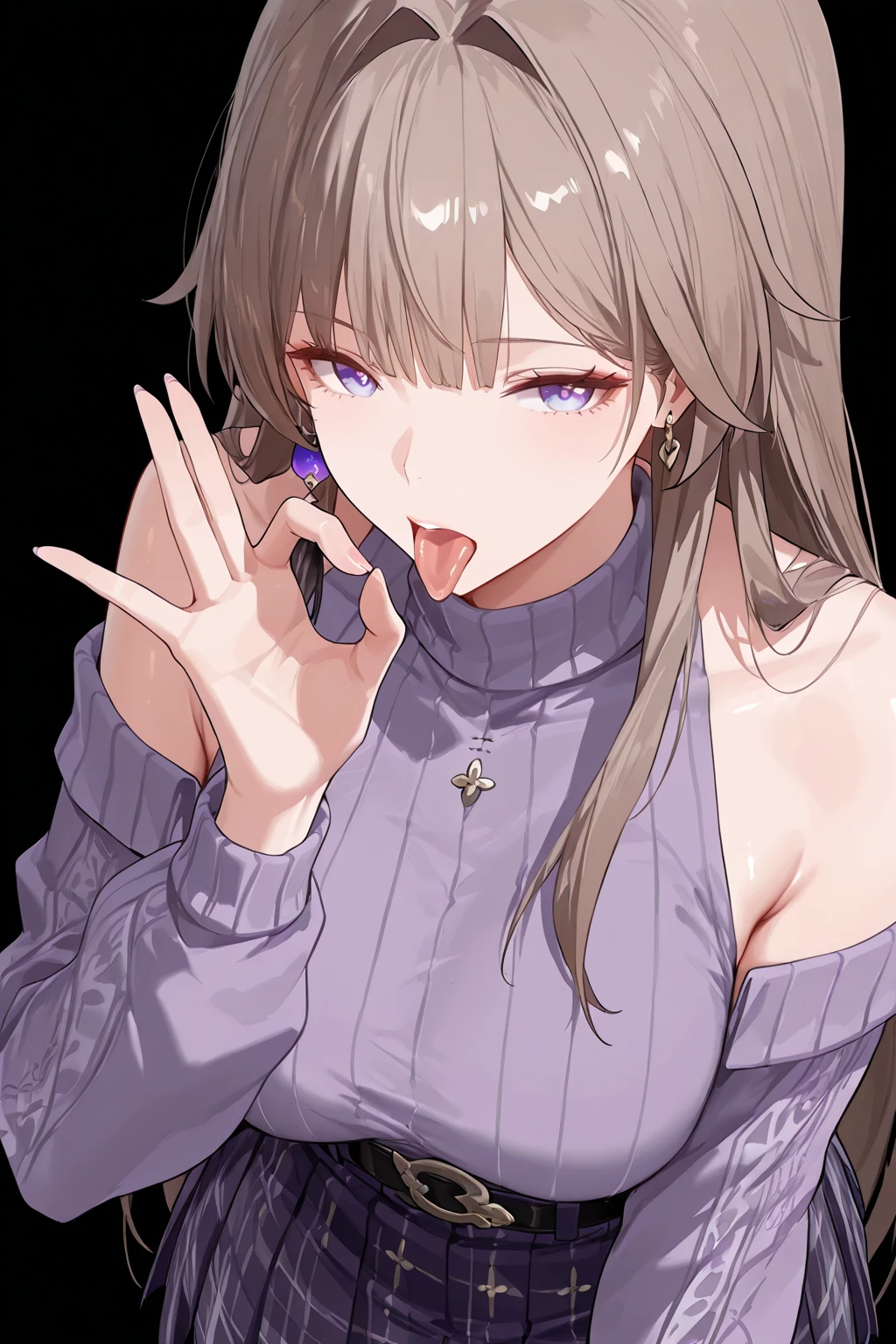 score_9, score_8_up, score_7_up, masterpiece, best quality, very aesthetic, absurdres, tunning image, attractive image, 1girl, solo, adult grown woman, the herta \(honkai: star rail\), long hair, brown hair, purple eyes, masterpiece,best quality,amazing quality, ero404, wuthering waves style, 5 fingers, simple background, black background, alternate costume, purple sweater, pleated skirt, turtleneck, plaid skirt, off shoulder, bare shoulders, fellatio gesture, fingers around tongue,