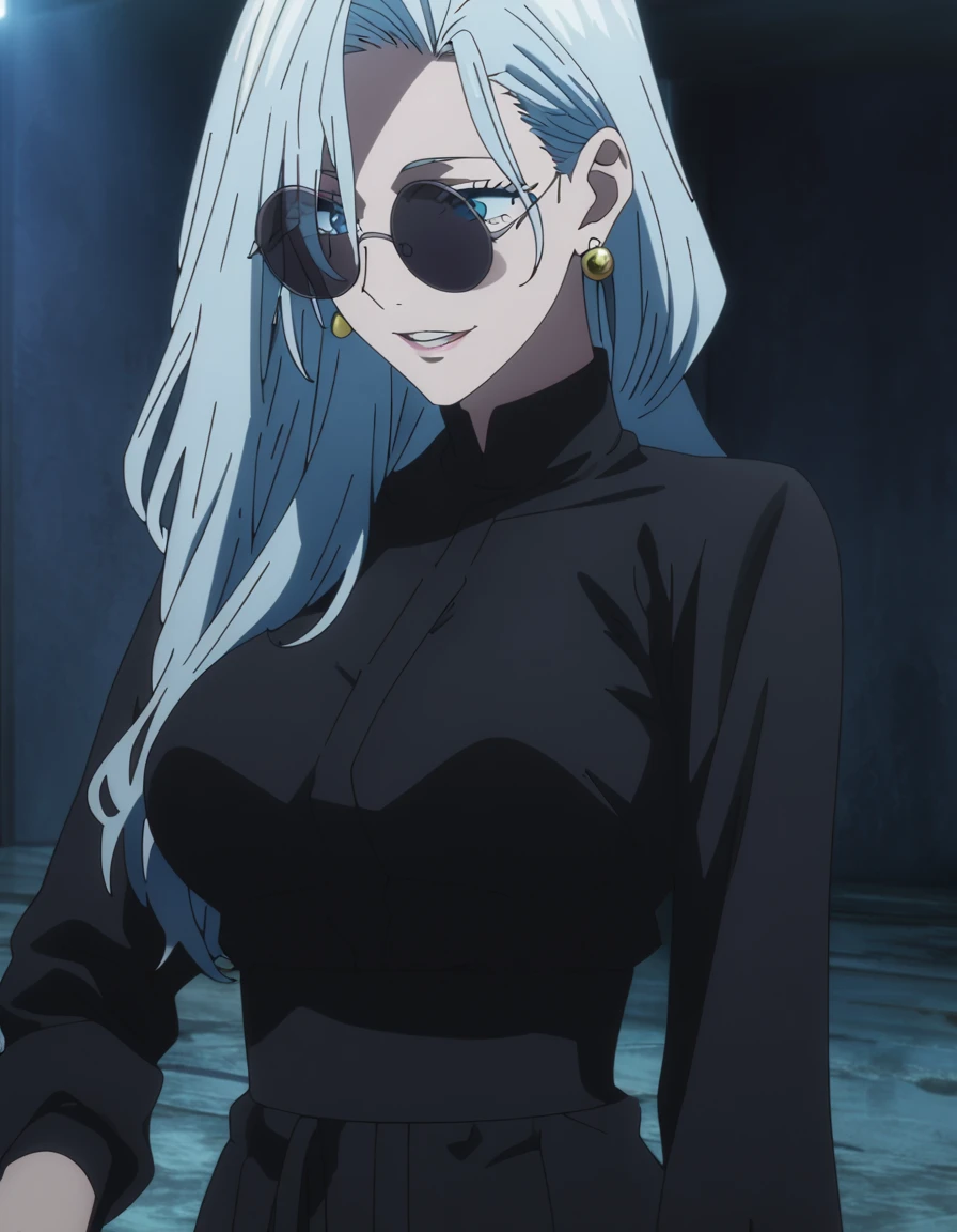 1girl, female gojo satoru, anime screencap from jujutsu kaisen, gojo satoru female version, solo, long_hair, ((Blue eyes)) ((round sunglasses)) ((Silver_hair, hair over ear from one side))((slicked hair)) , night view, (hanging breasts) upper_body, smile,party hall, parted lips, (long hair) ((wearing black colour prom night outfit, neck choker)) breast, "very detailed and high resolution" (Blue eyes) ((round sunglasses)) ((solo)) (((front view))) (earings) ((high resolution)) ((good quality)) ((silky hair, hair over ear from one side))((hair slicked)) ((parted lips))