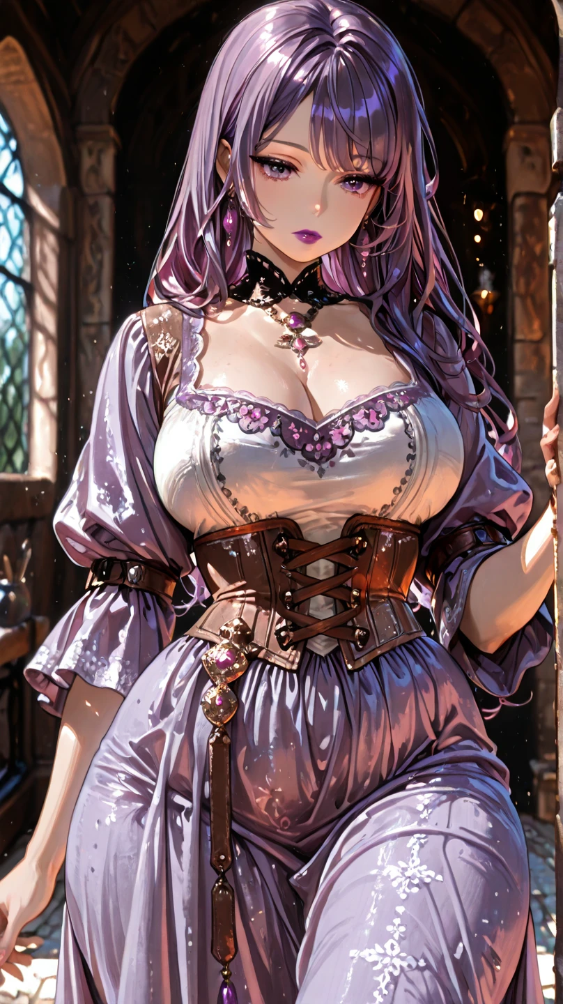 fullnude,Armpit show,(Sunset:1.2),in a castle, Great hall ,Red carpet on the floor, standing at attention, queen dress,Long sleeves,Gemstones and Golden Crown,clavicle, Deep cleavage, Purple_hair, Purple_Eyes, Jewelry, earrings, 1 girl, 20yr old,infp young woman,Beautiful Finger,Beautiful long legs,Beautiful body, Beautiful nose,Beautiful character design, Perfect eyes, Perfect face,Expressive eyes, Looking at Viewer, In the center of the image,(Upper body_Body),(Focus on her face), Official art,the Extremely Detailed CG Unity 8K Wallpapers, Perfect Lighting,Colorful, Bright_front_Face_Lighting,Shiny skin, (masutepiece:1.0),(best_quality:1.0), 超A high resolution,4K,Ultra-detailed, Photography, 8K, nffsw, hight resolution, absurderes:1.2, Kodak Portra 400, Film grain, Blurry background, Bokeh:1.2, Lens Flare, (Vibrant_Color:1.2) (Beautiful,breasts), (Beautiful_Face:1.5),(narrow_waist),