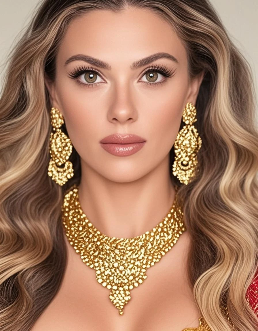 (masterpiece:1.2, best quality), realistic, (real picture, intricate details, depth of field), (1girl, solo), make up, parted lips, highly-detailed, perfect face, (huge breasts:1.4, nipple outline, camel toe), (skindentation), thick thighs, wide hips, narrow waist, deep cleavage, micro bikini, high heels, tall, glossy coral lips, blonde hairs, intricate detail, delicate pattern, sexy, charming, alluring, seductive, hair ornament, necklace, earrings, bracelet, armlet,