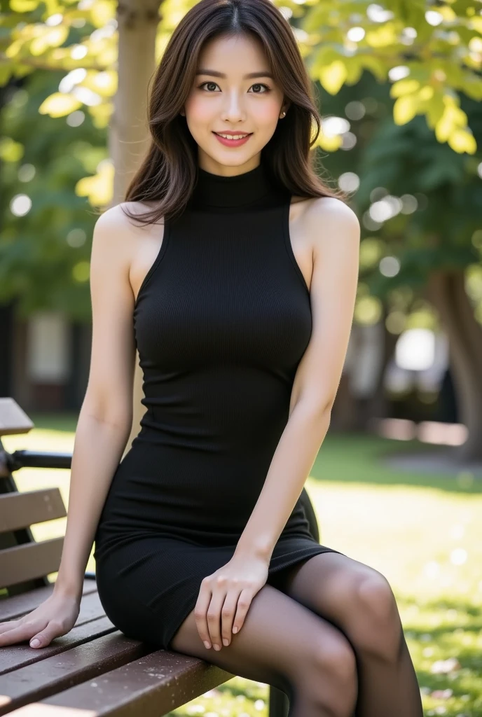 (best qualtiy，8K，tmasterpiece:1.3)，(sharp fokus:1.2)，(A girl stands by a bench in the park:1.2)，(perfect body figure:1.4)，(Slim abs:1.1)，(black color dress:1.4)，Street photography，rays of sunshine，ssmile，Fine face，beautidful eyes，Straight legs。