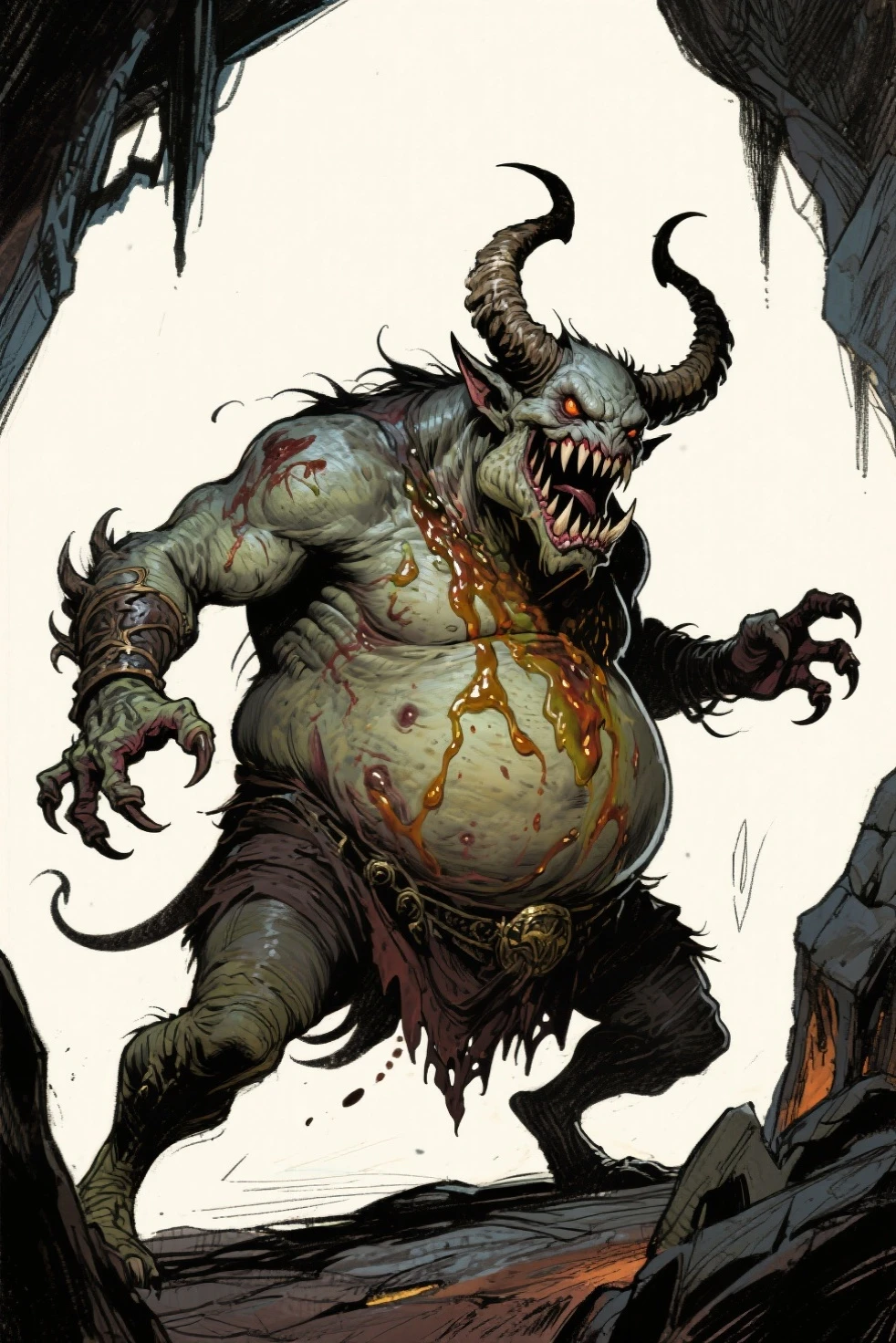 a close up of a cartoon character with a bloody face, pudge from dota 2, fat ripped satanic creature, butcher angry rotting zombie, fat ripped satan, dota character, hero from dota 2, minotaur from path of exile, fighting game character, starcraft 2 videogame character, roadhog from overwatch, scary angry pose, uncompressed png, background in dark forest