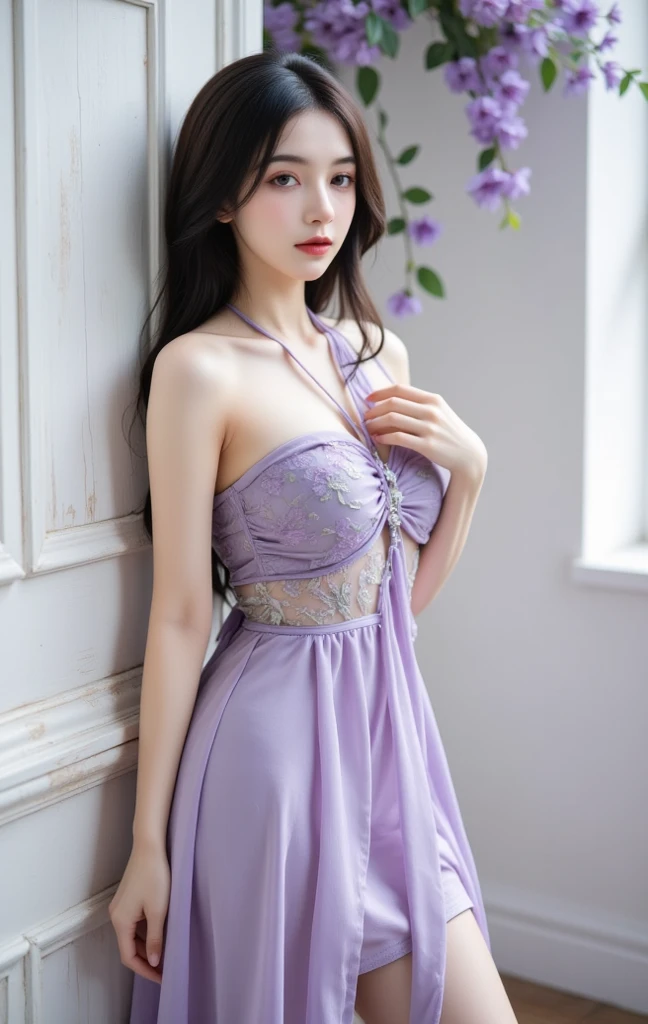 Realistic full body photo of a smiling, Young red-haired girl with long hair, She dances in front of the camera in a long A-line bridesmaid dress with jewel neck straps made of shiny purple satin., Park,glamour fotoshooting, Wedding celebration, perfect anatomy, perfect green eyes. Perfect hands with 5 fingers on each hand, Matching girl, look into the camera, 1 Frau. (Eye make up:1.1), (highly detailed skin:1.1), spirit, analog style, keen focus, 8K  UHD, dslr, good quality, Fujifilm XT3, Grain, Award-winning, ​masterpiece. Wedding celebration