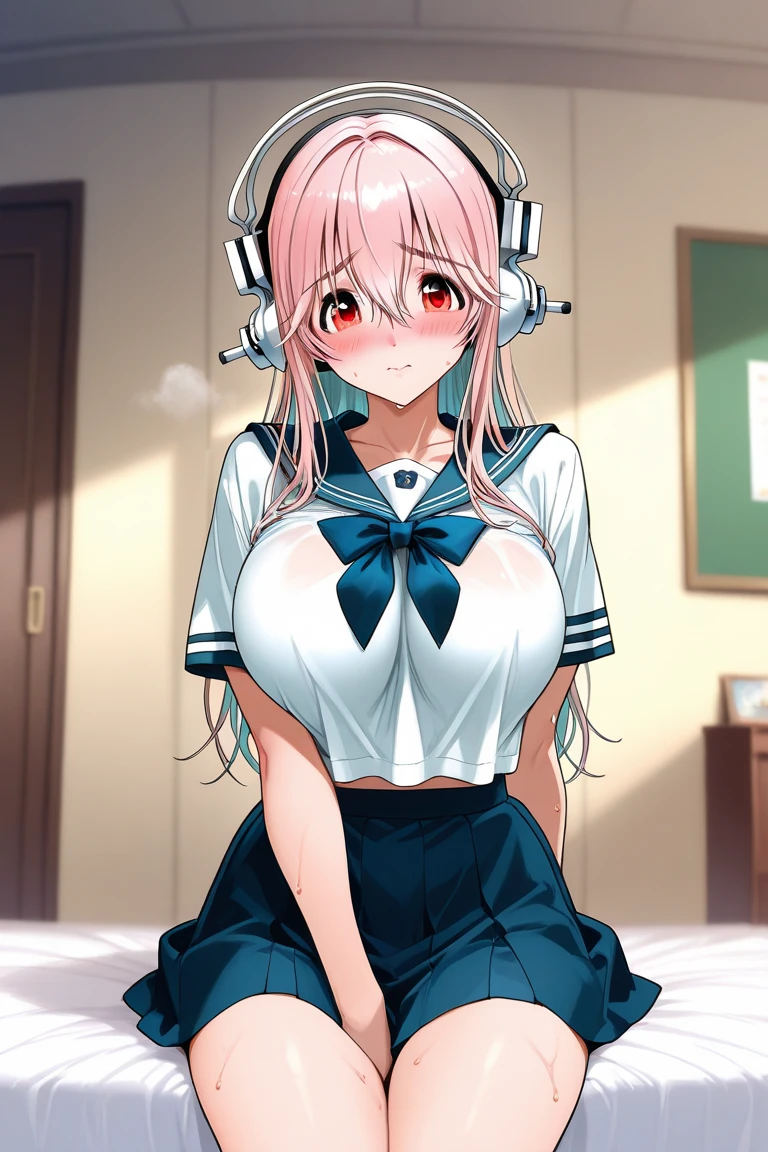(((supersonic, Super Sonico:1.2, 1 Female))), Pink Hair, Long Hair, Gradient Hair, Reddish brown eyes, ((Big Breasts:1.2)), Silver_Headphones, Maid dress, chest, Red ribbon, Cowboy Shot, smile, indoor, Sexy pose, chestを出して, Maid, meidofuku, black Maid dress, about, Maid about, mini skirt, Garter Straps, stockings, Hands Behind Back, masterpiece:1.2, Highest quality, 4K, 8K, Ultra-high resolution, Super detailed), (Digital illustration, Anime Style),