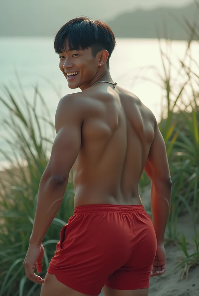 Full body shot wide angle shot Korean teen boys 15 years old,shirtless, skinny fat body,wearing only bikini light orange underwear, shirtless,play Frisbee with dog,at Sanam Luang park Bangkok, tree sunset , people in blur background
