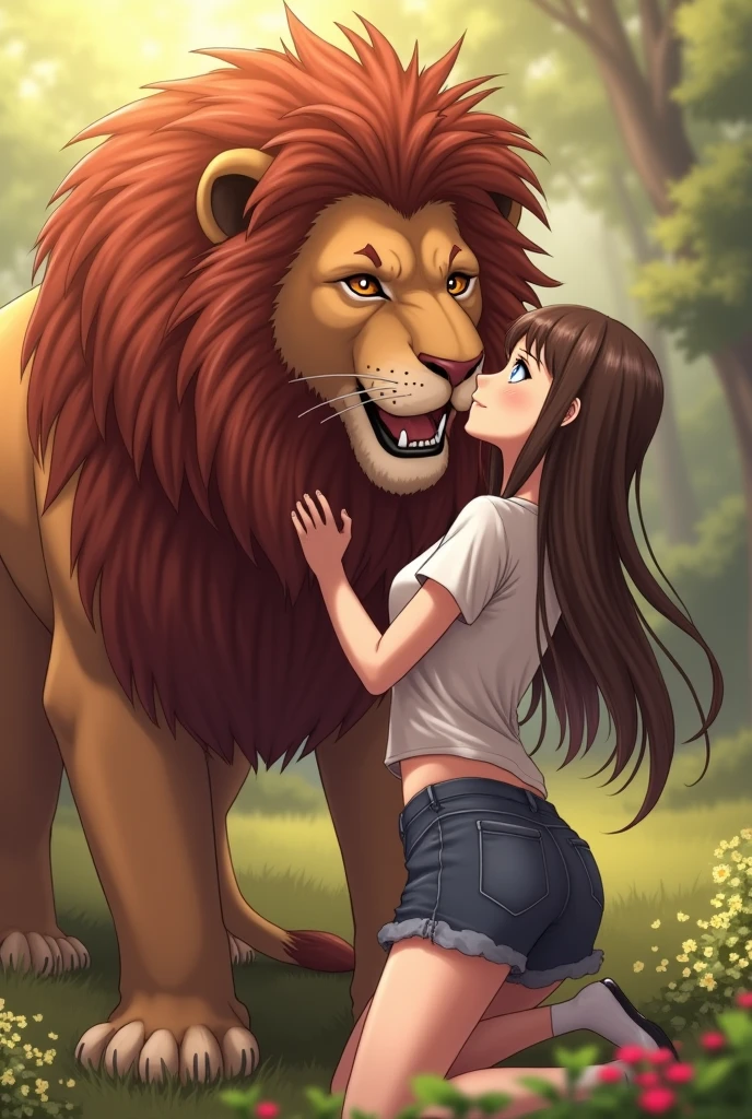full body, solo, 1girl, looking at another, smile, blush, large breasts, sidelighting, Papyrus_lion's_head \(flower\), floral background <lora:hotvr_style_v05:1>