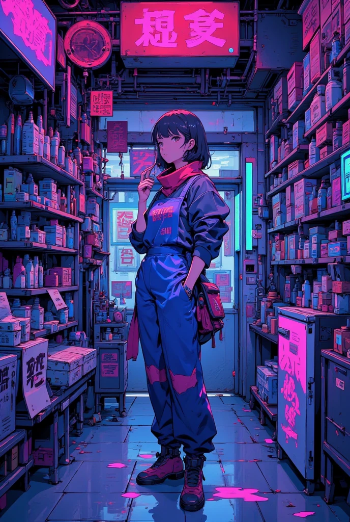 The background is the classroom，Anime girl, eyes blue，Tall and tall，Martin boots，Smooth face shape，Wear a school uniform and a long skirt,Trench coat，Hands in pockets Neon blue hair and pink,, Faraway view, Neon-style full shot, Cool pose，Computer，Wearing tech headphones，lectern，classroom desk，pens，Vertical composition，8k ultra high definition