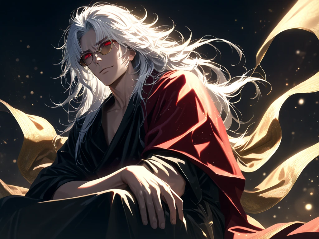 male, long hair, white hair, red eyes, cloak, dark aura, side view,  experienced, face close, mature