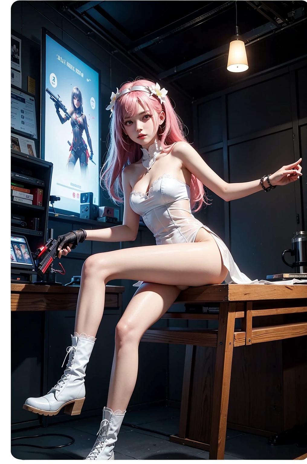 {{{{masterpiece}}}}, {{{hyper detailed}}}, {{{highres}}}, {{good anatomy}}, (((best quality))), (((vibrant colors)), ((an extremely delicate and beautiful)), {{an extremely detailed and delicate}}, {8k cg wallpaper}, (light particles:1.3), (glow:1.1), 1girl, solo, multicolored hair, pink hair, blonde hair, gradient hair, twin braids, bangs, long hair, 5 extremely delicate fingers, 5 detailed fingers, wide hips, perfect body, medium breasts, perfect breasts, perky breasts, (masterpiece), (best quality), (ultra-detailed), (extremely detailed cg), (an extremely delicate), (highly detailed eyes), (sparkling eyes), (shiny hair), (shiny skin), (perfect lighting), (8k), (dynamic angle), (full body shot), white tank top, short pink skirt, black belt, grey knee high socks, black vans shoes, smiling, inside, in an arcade, cowboy shot, arcade in background, ultra-detailed arcade, indoors, neon lights, (night), arcade cabinet light, ambient neon light, from above, add_detail:1, add_detail:0, add_detail:0.5
