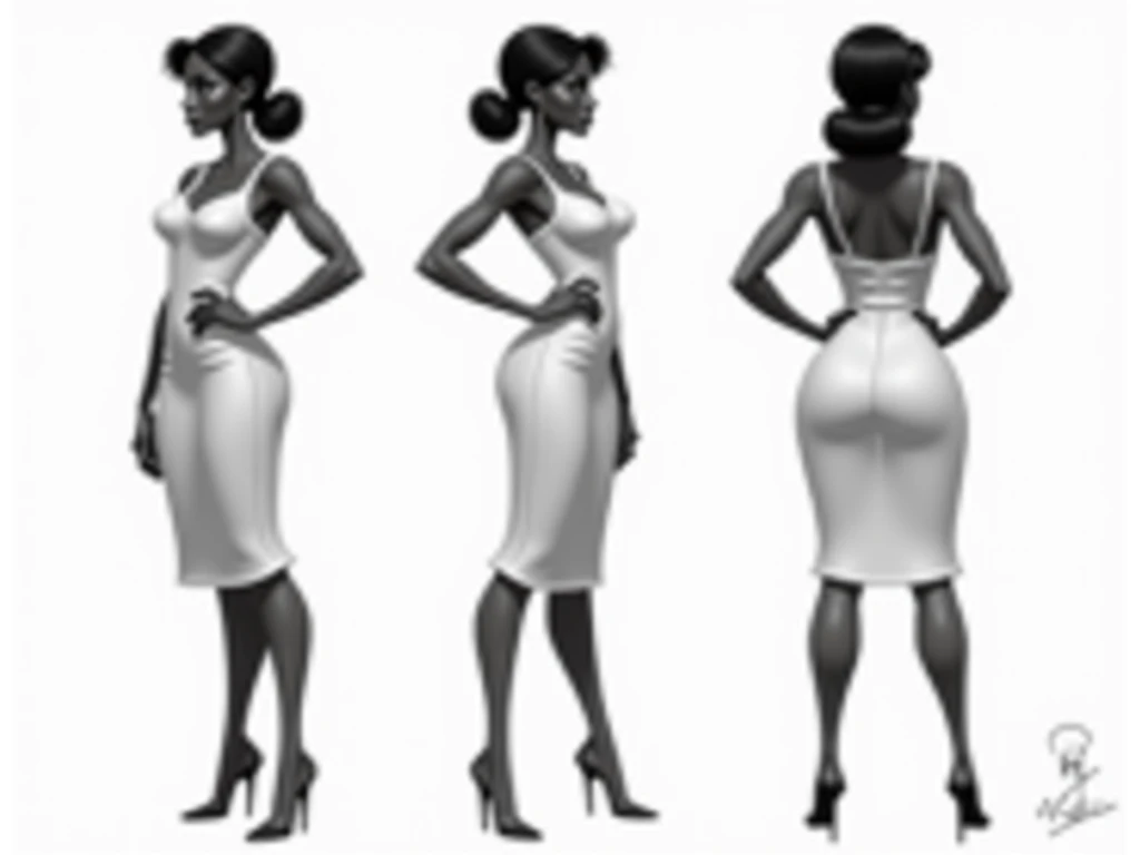 ((masterpiece)),(((Best Quality))),((character design sheet)), ((full body view)) illustration,1 girl, muscular, ((blue fitted dress:1.4)), buttercup, (dark black hair:1.3), Blue dress ((detailed face:1.4)) beautiful woman, slippery bobcut, (black corset:1.1)shiny skin, thick legs, (swollen lips:1.2), Sketches, pose, 8k,16k, (simple background, White background: 1.3)