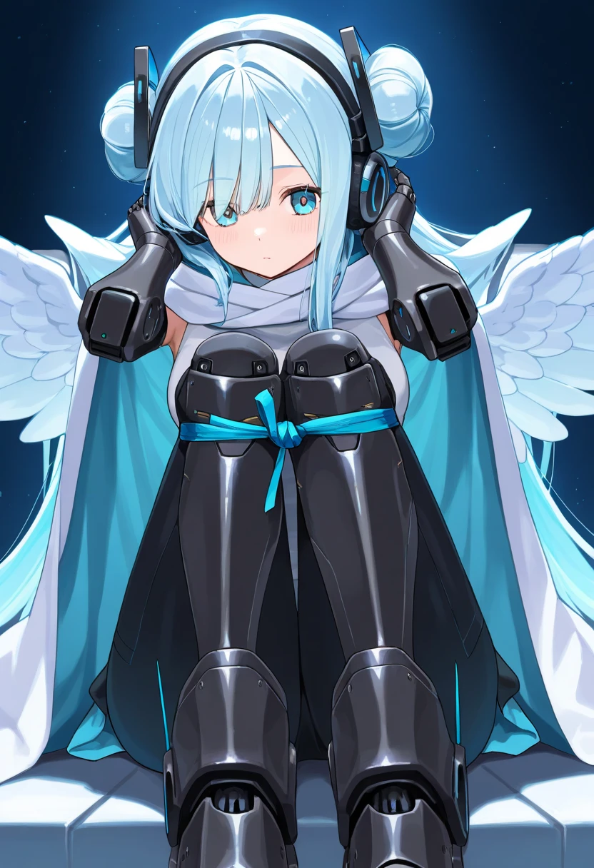 (masterpiece, best quality), 1girl, beautiful face, <lora:nymph-lora-nochekaiser:1> nymph, blue eyes, blue hair, long hair, long twintails, robot ears, twintails, two side up, wings, arm support, boots, chain, collar, garter straps, gloves, thighhighs,