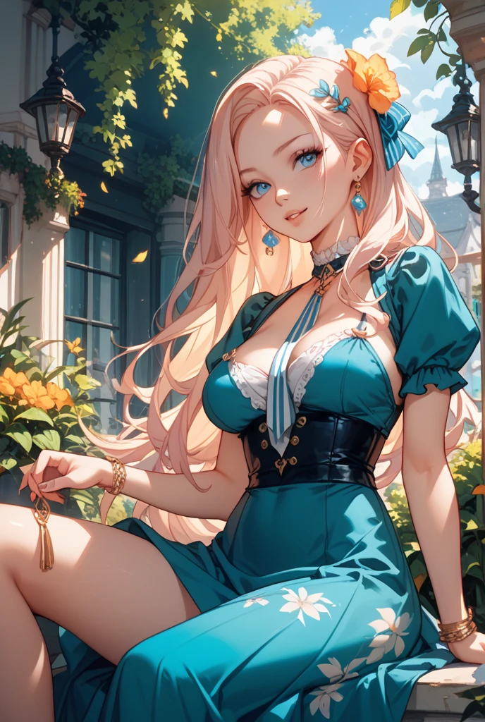 a beautiful 20 year old blonde woman with big messy hair in a short blue dress, white stockings, a thin black hairband, cleavage, holding a glowing mushroom, sitting on a giant glowing mushroom, side shot, side boob, fantasy art style, cartoon vibrant, cute detailed digital art, colorful digital fantasy art, digital fantasy art ), glossy digital painting, pastel vibrant
