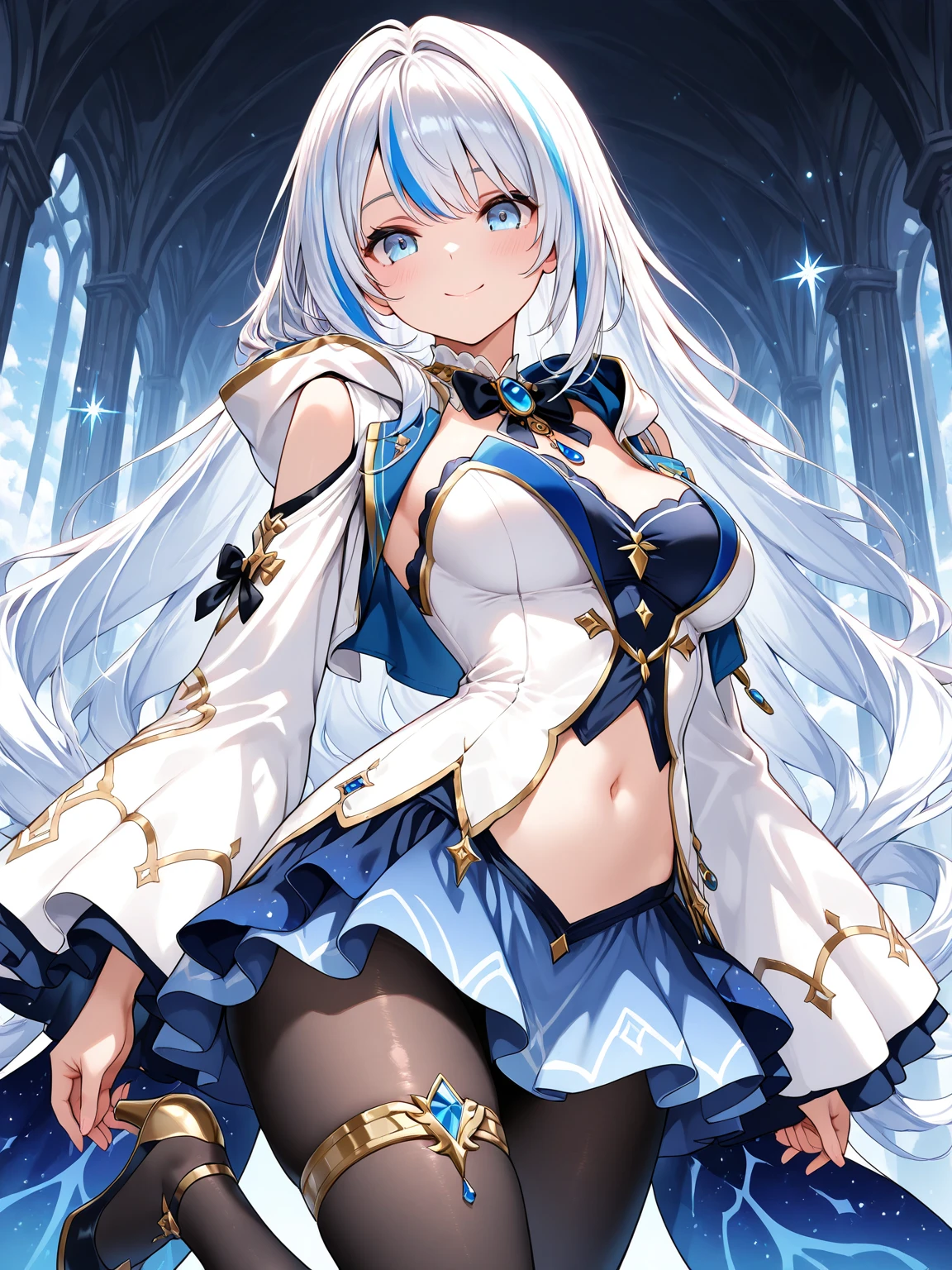 4k,high resolution,una mujer,pelo canoso,pelo largo,blue eyes,pechos grandes,caballero,white bunny girl clothes,Pierna alta,medias negras,Falda blanca transparente,White caballero gloves,Espada larga,Castillo medieval