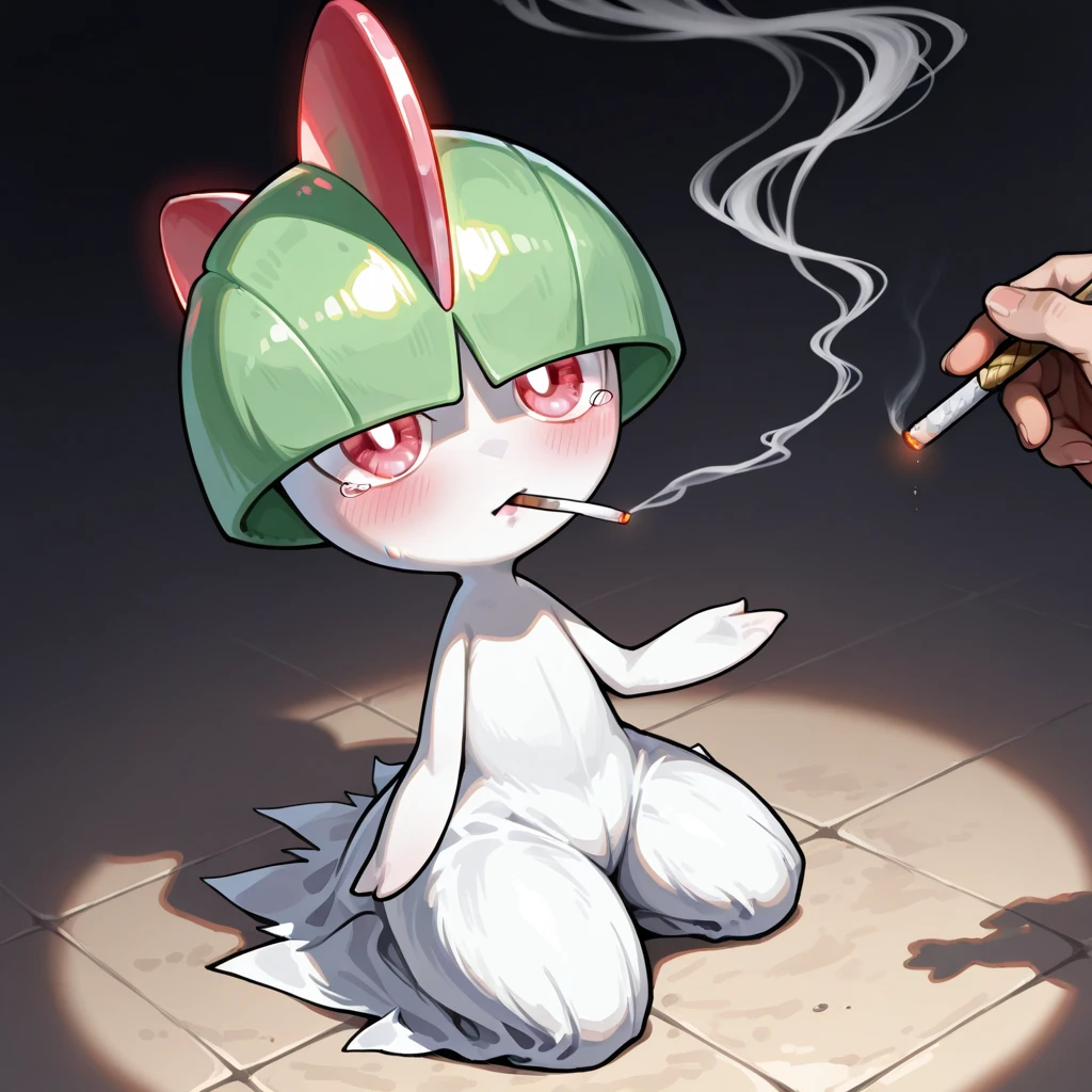 solo, kemono, art by dagasi, (toddler:1.1), beautiful girl, Uploaded to e621.net, (Pixelsketcher), (wamudraws), (masterpiece), (HD), (high res), (feet visible), (anthro), (detailed thin fur), (detailed shading), (beautiful render art), anthro Ralts, (toddler Ralts), (hair covering eyes:1.2), red eyes, glowing eyes, neon eyes, hair at nose length, (white thin fur), [(slim figure, flat chest, skinny)], (curvy hips), (beautiful legs), (really dark night:1.5), [zero lighting], northern lights in the background, full face blush, heavy breath, shy expression, Ralts, posing in a buddhist temple