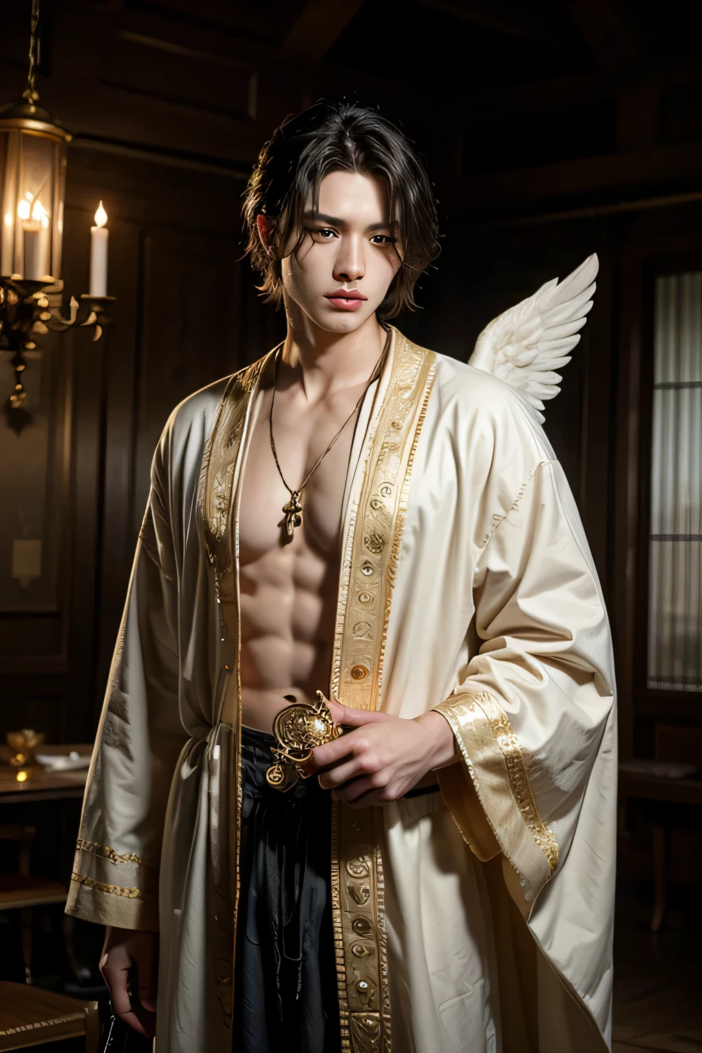 Manga, Bakki is a teenage boy who has rare ancient metaphysical abilities, he is able to control light, wears colossal white clothes with gold patterns.